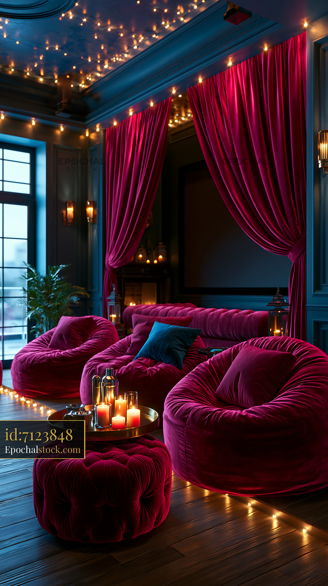 Watermarked full-resolution preview of Cozy seating area with pink chairs and warm lighting