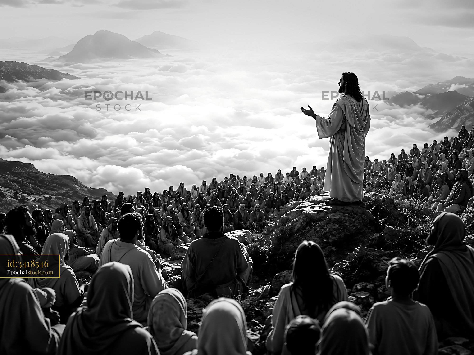 Watermarked full-resolution preview of Jesus speaks to a large crowd on a mountain