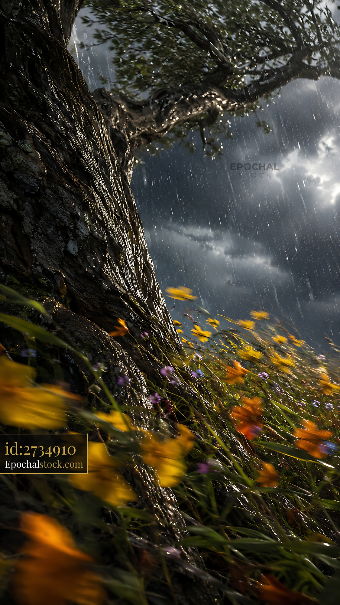 Watermarked full-resolution preview of Rainy day with flowers and tree against dark stormy sky