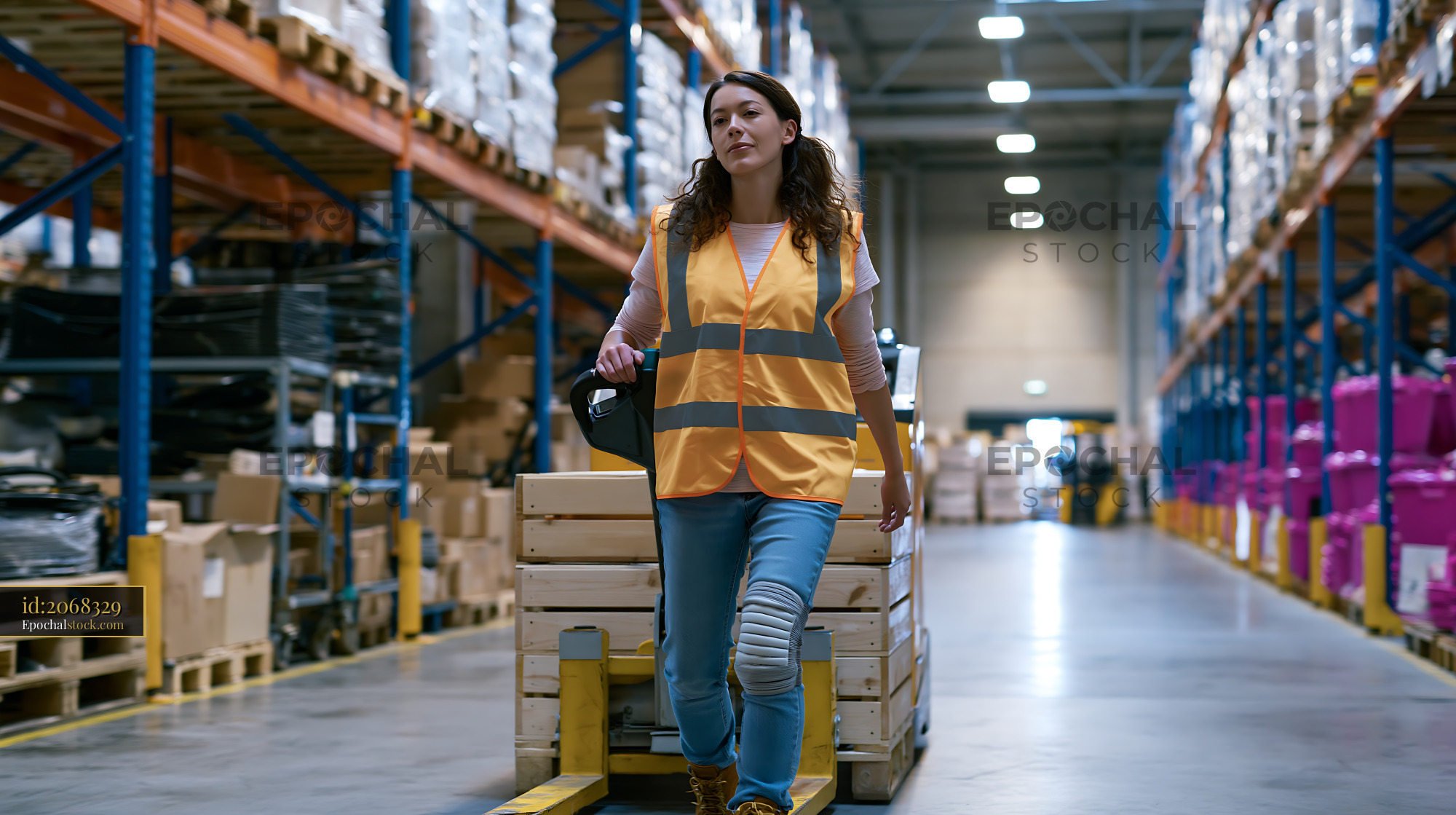 Watermarked full-resolution preview of Woman walking with cart in a warehouse during daylight hours