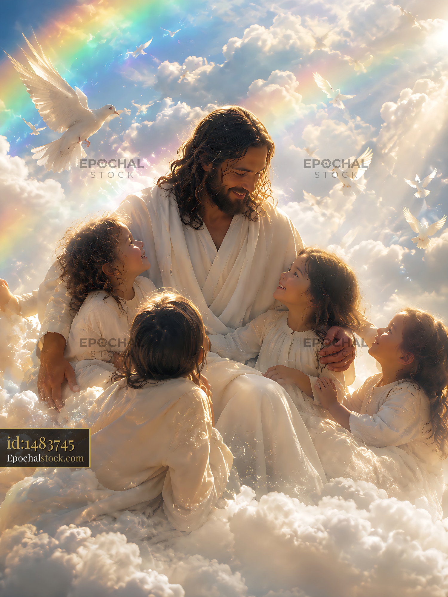 Watermarked full-resolution preview of Jesus with children in clouds during a sunny day