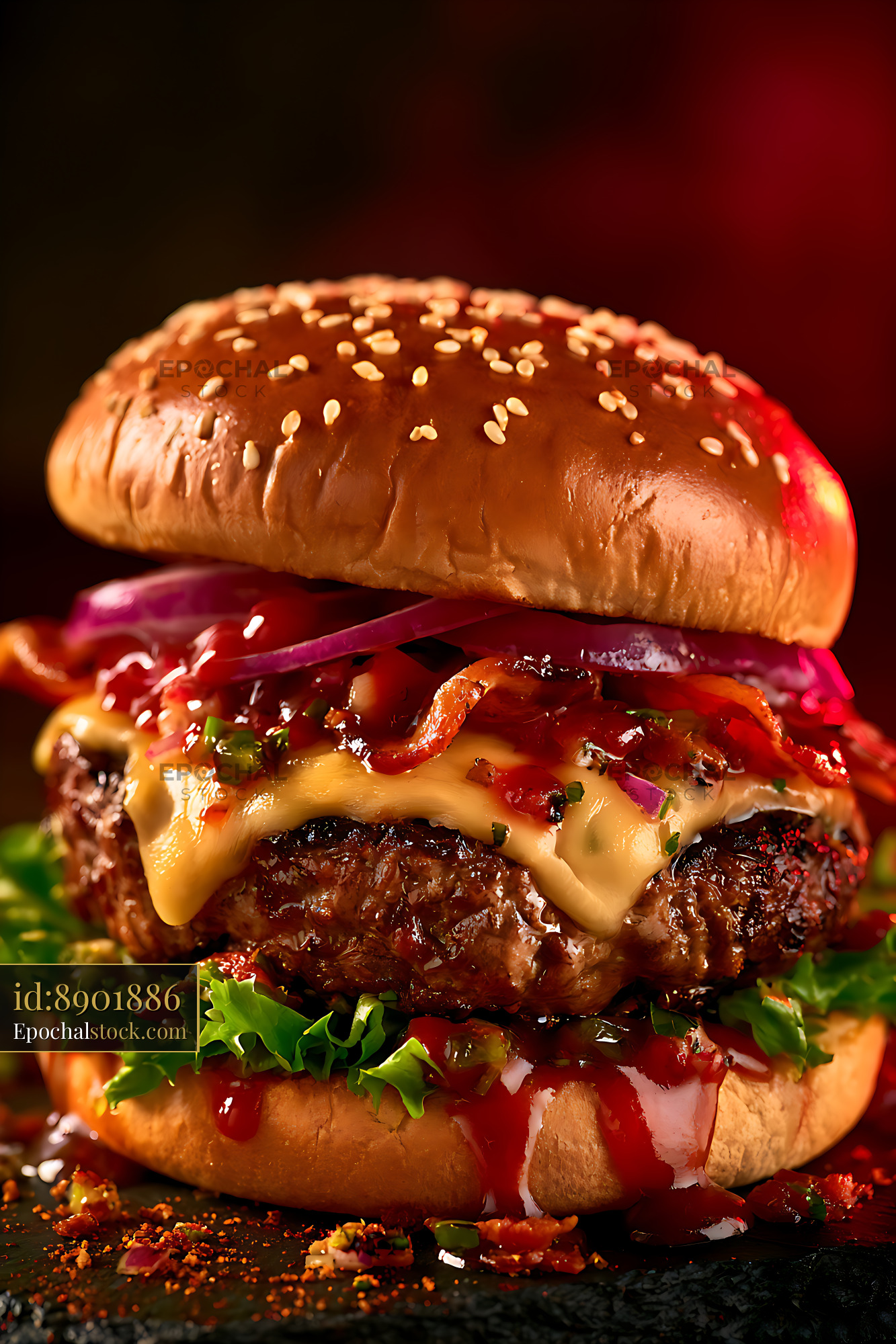 Watermarked full-resolution preview of Juicy burger with cheese and bacon served on sesame seed bun