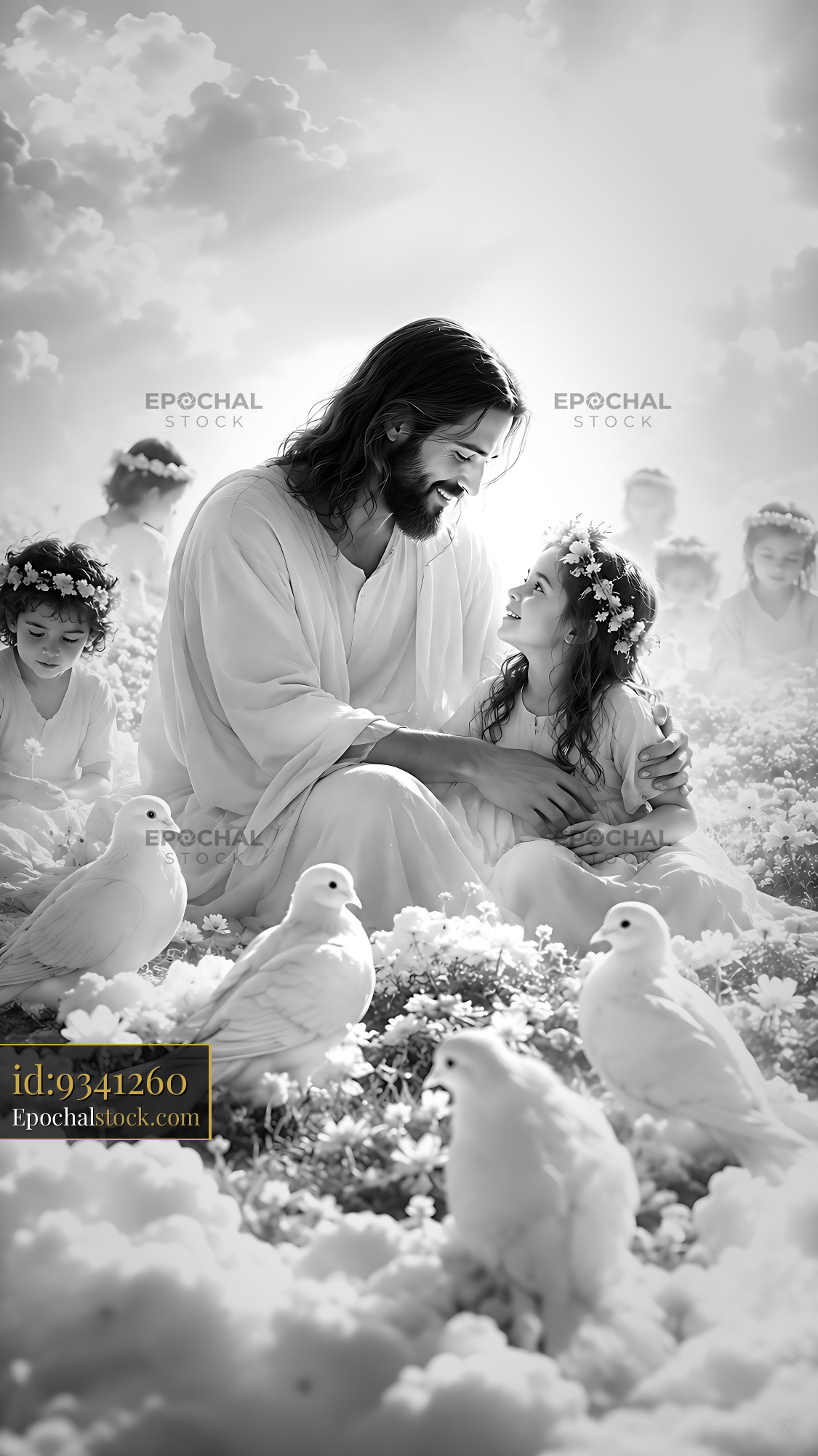 Watermarked full-resolution preview of Jesus with children in a serene garden setting