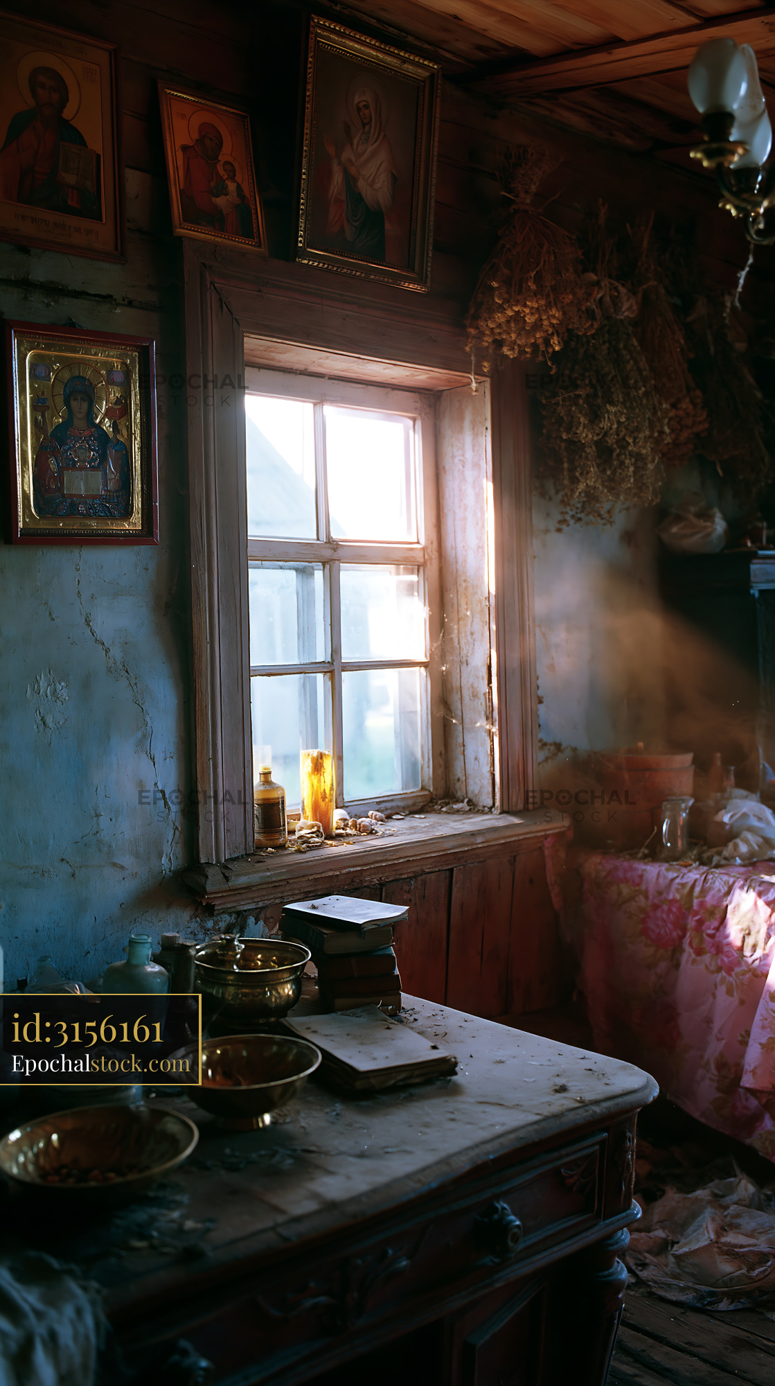 Watermarked full-resolution preview of Old rustic room with window offering soft light