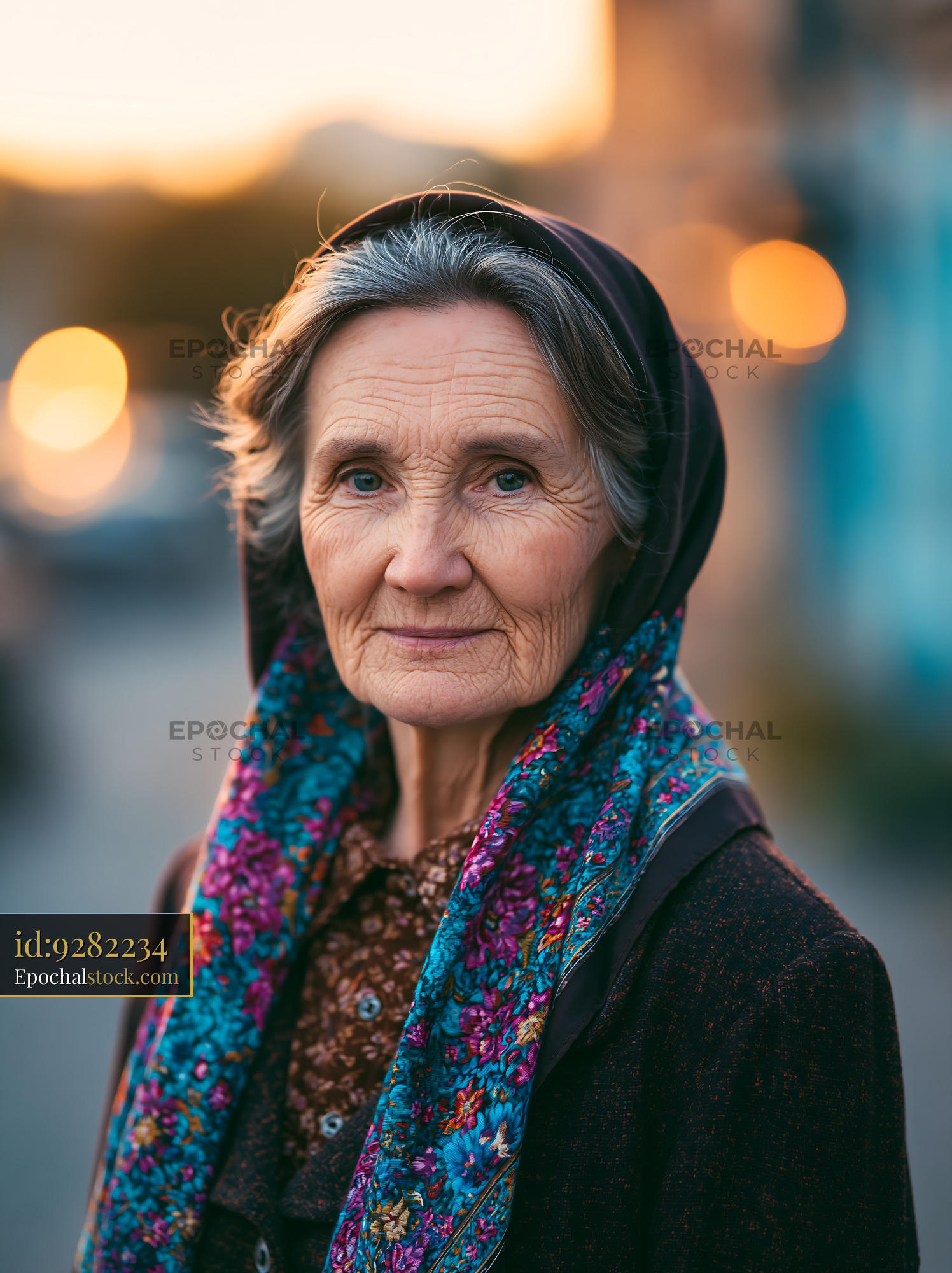 Watermarked full-resolution preview of Elderly woman with a headscarf standing outdoors at sunset