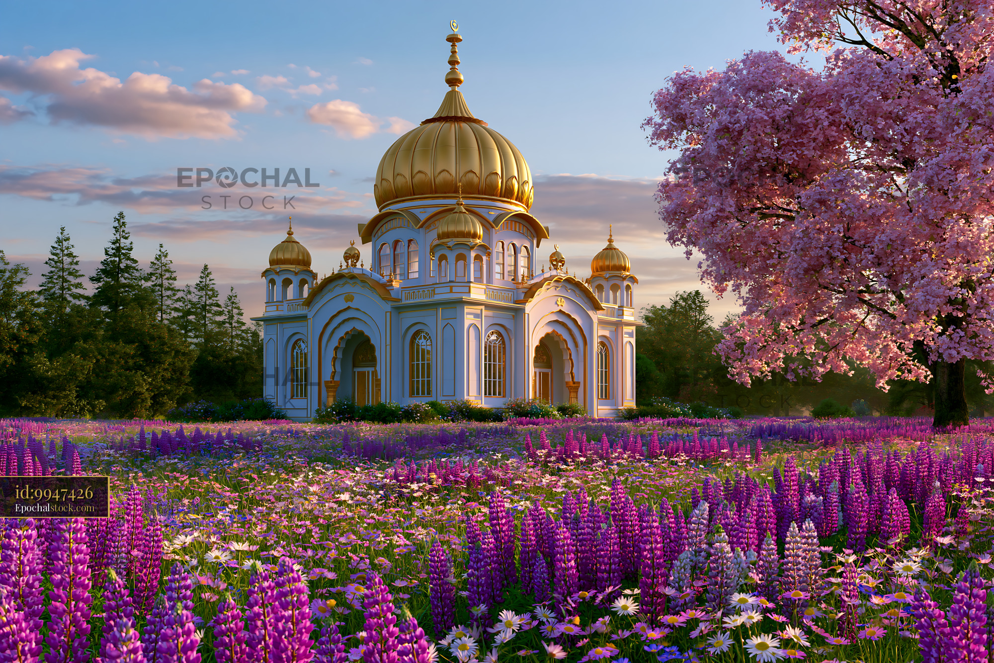 Watermarked full-resolution preview of Colorful flowers surround a mosque with golden dome at sunset
