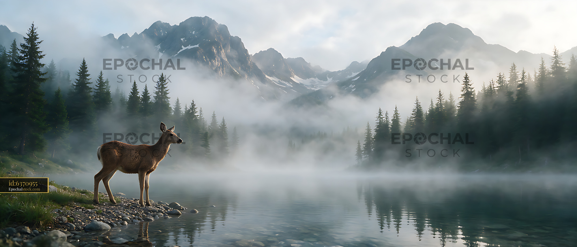Watermarked full-resolution preview of Lone deer on the shore of a mountain lake
