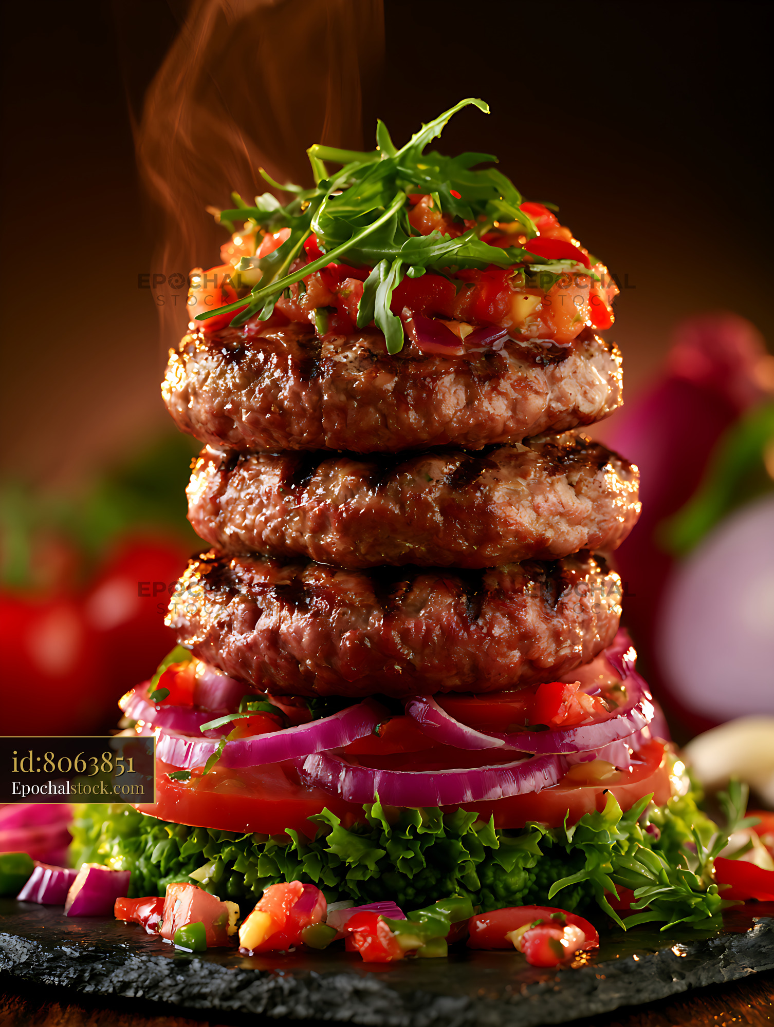 Watermarked full-resolution preview of Tall burger stack with grilled patties and colorful vegetables