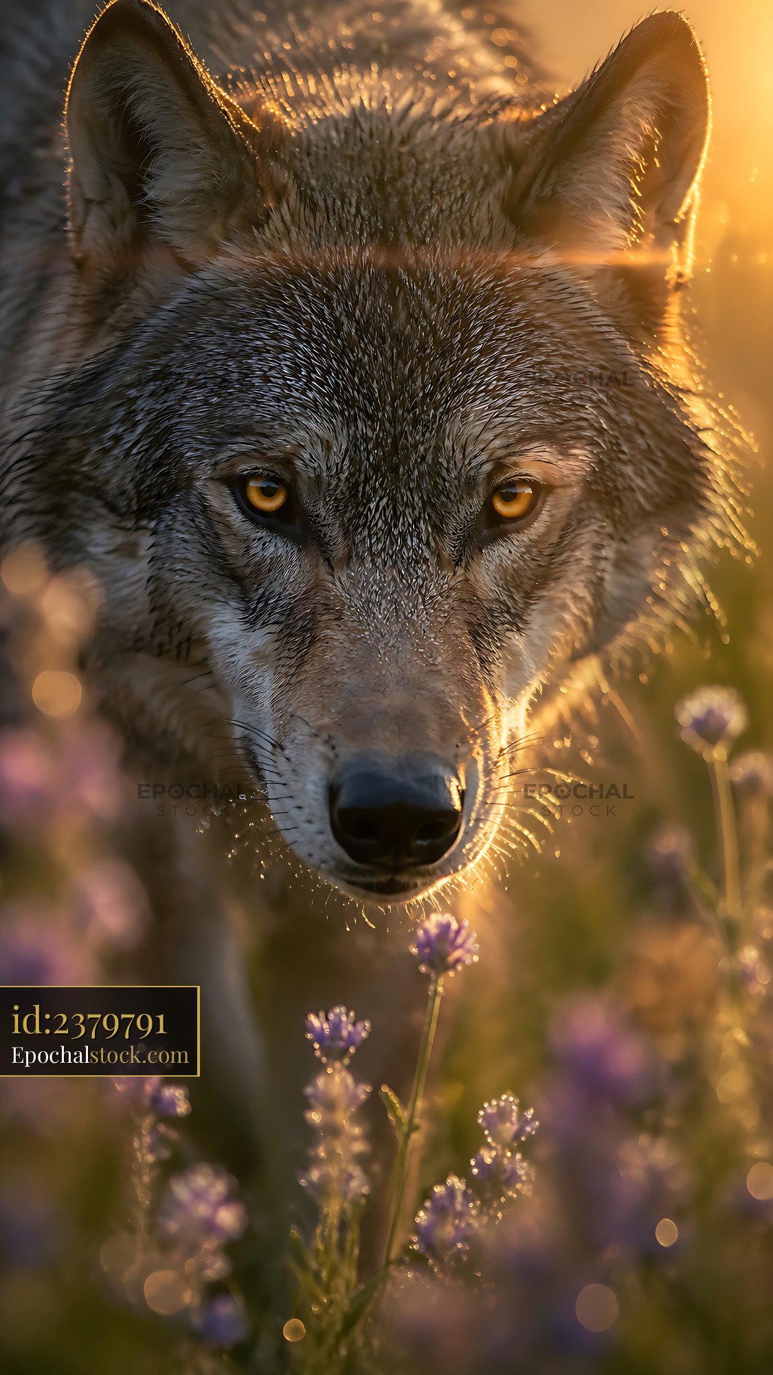 Watermarked full-resolution preview of Wolf walking through flowers at sunset
