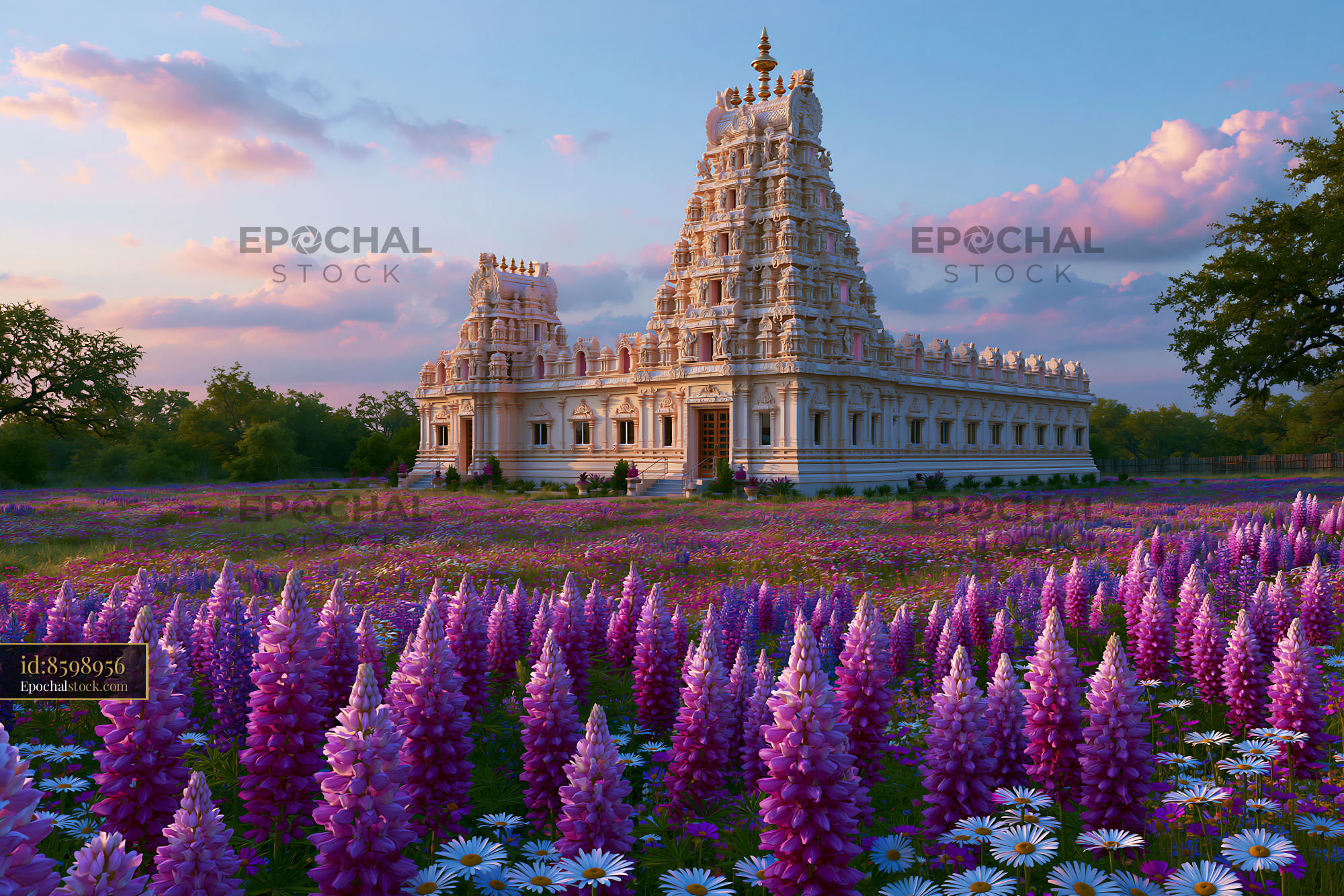 Watermarked full-resolution preview of Temple surrounded by flowers in a field during sunset