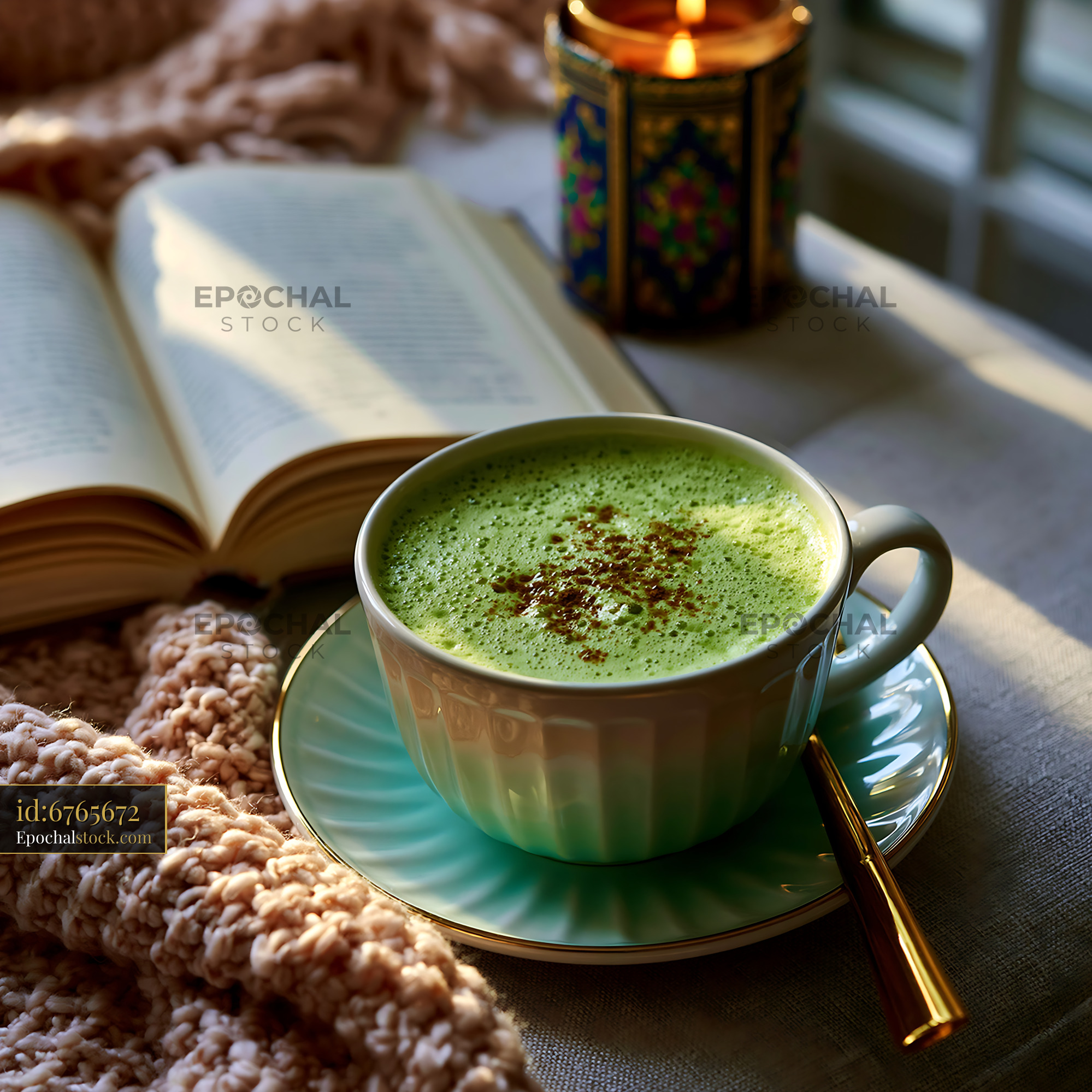 Watermarked full-resolution preview of Warm drink and book on a cozy table with warm light