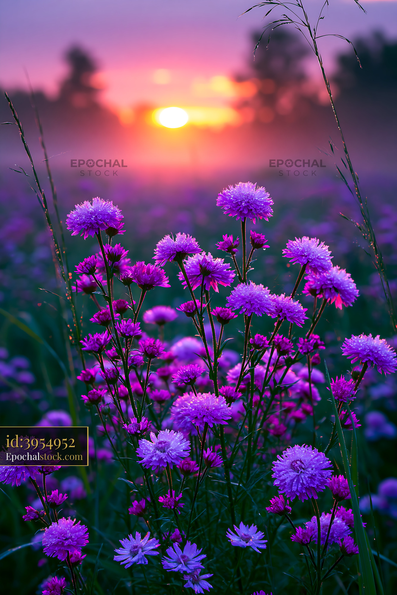 Watermarked full-resolution preview of Purple flowers bloom at sunrise in a rural field
