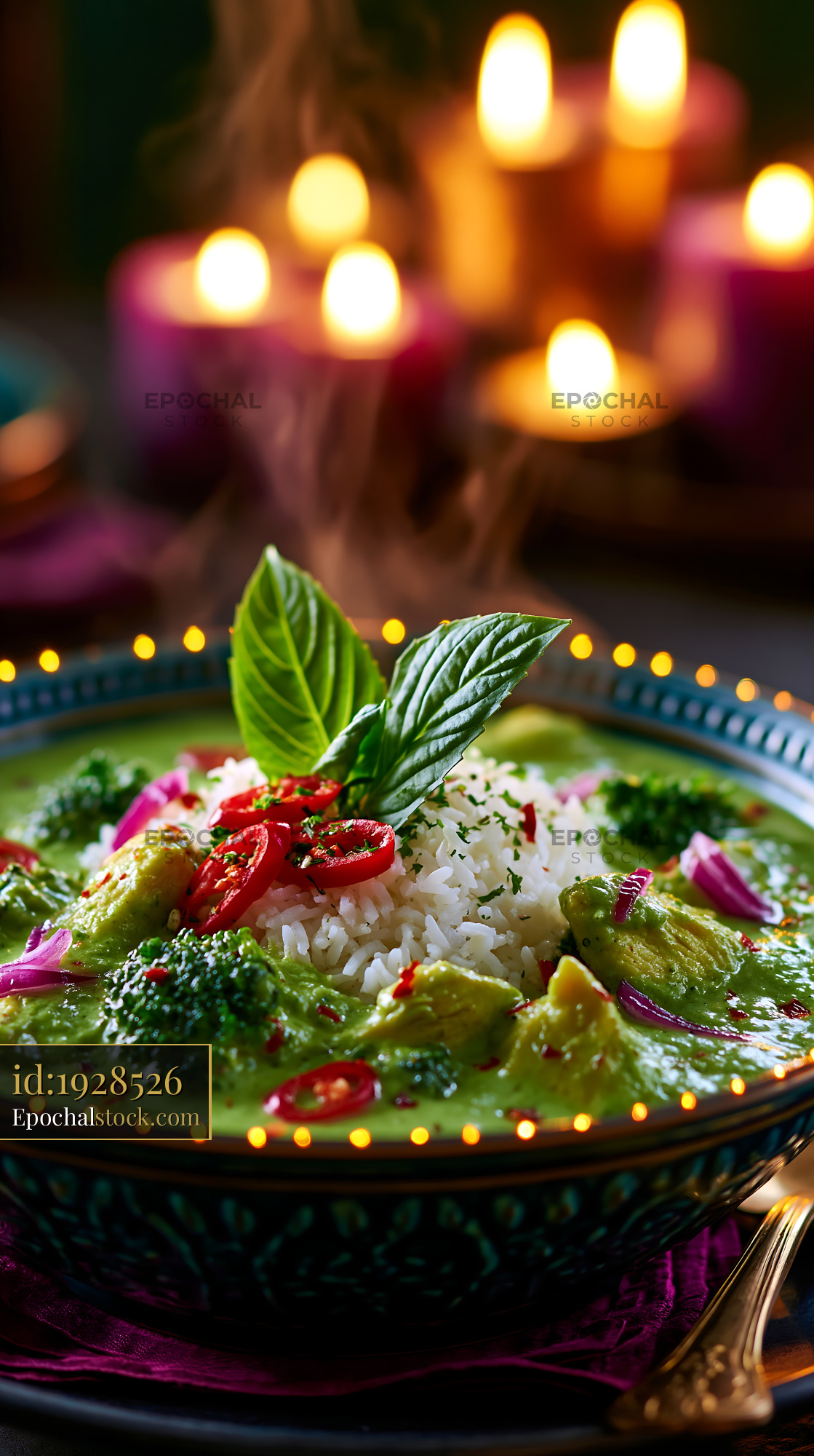Watermarked full-resolution preview of Colorful bowl of curry with rice and herbs on a table with candles