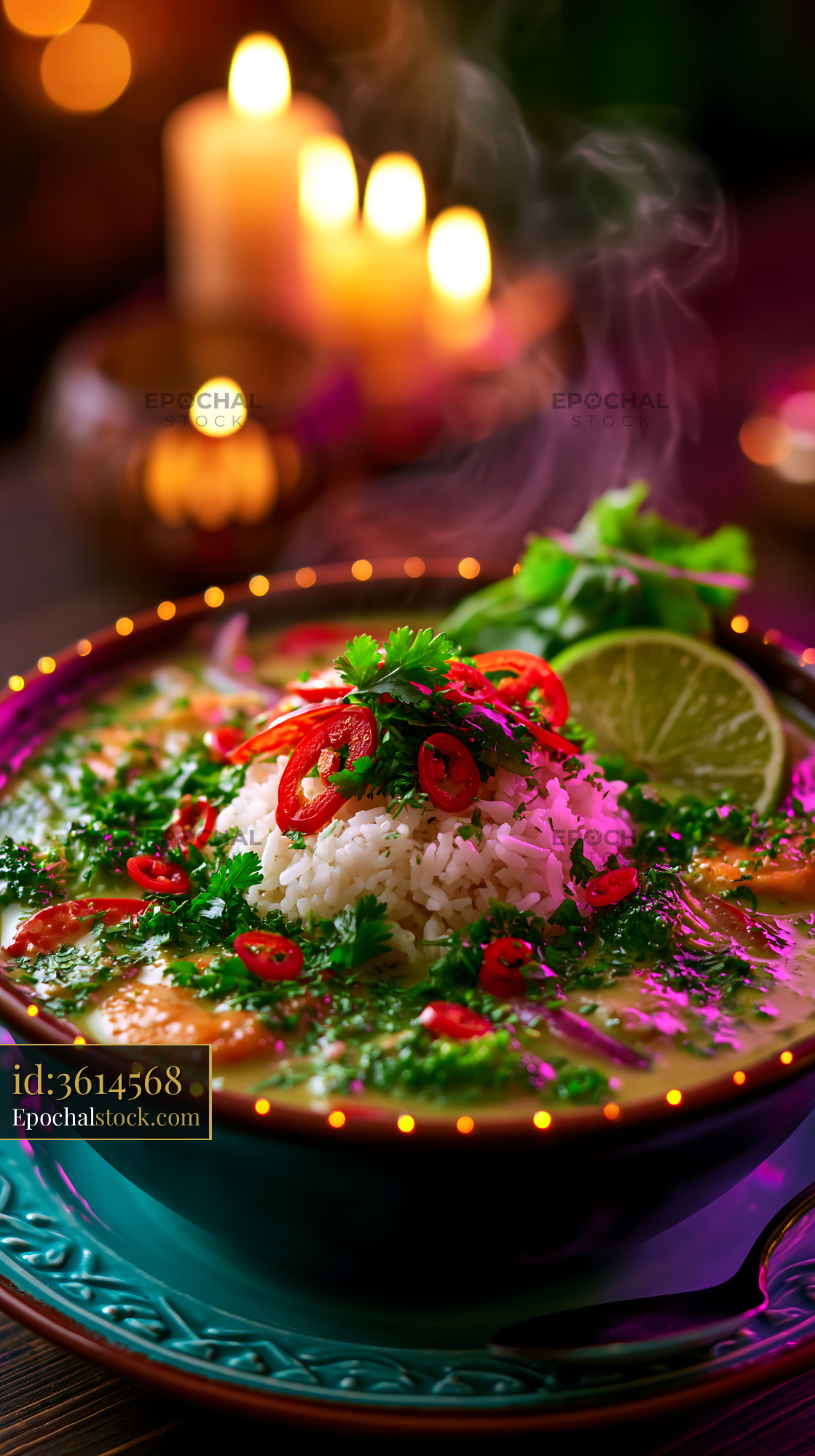 Watermarked full-resolution preview of Chili and herb soup with rice on a decorated table