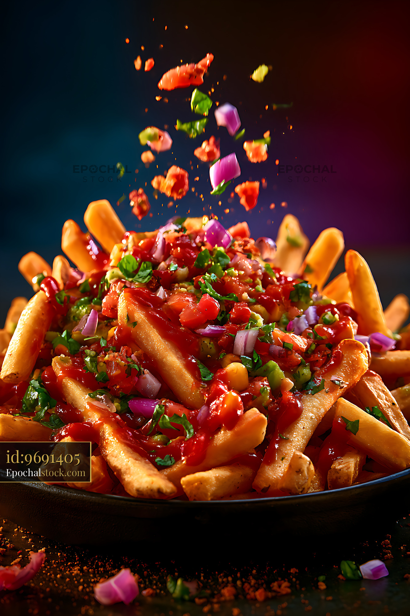 Watermarked full-resolution preview of Vibrant loaded fries with fresh vegetables and salsa