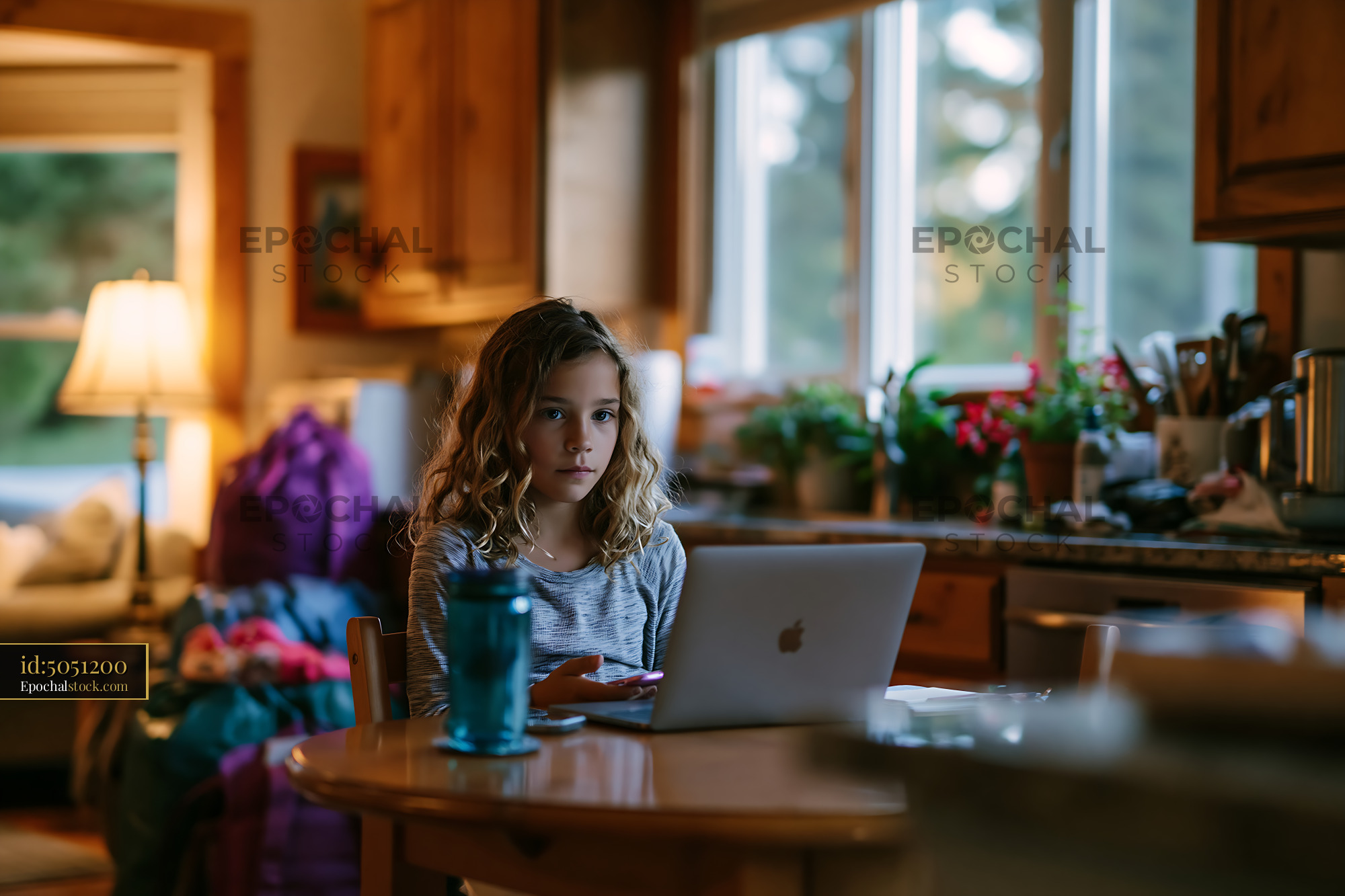 Watermarked full-resolution preview of Girl using laptop at kitchen table in cozy home setting
