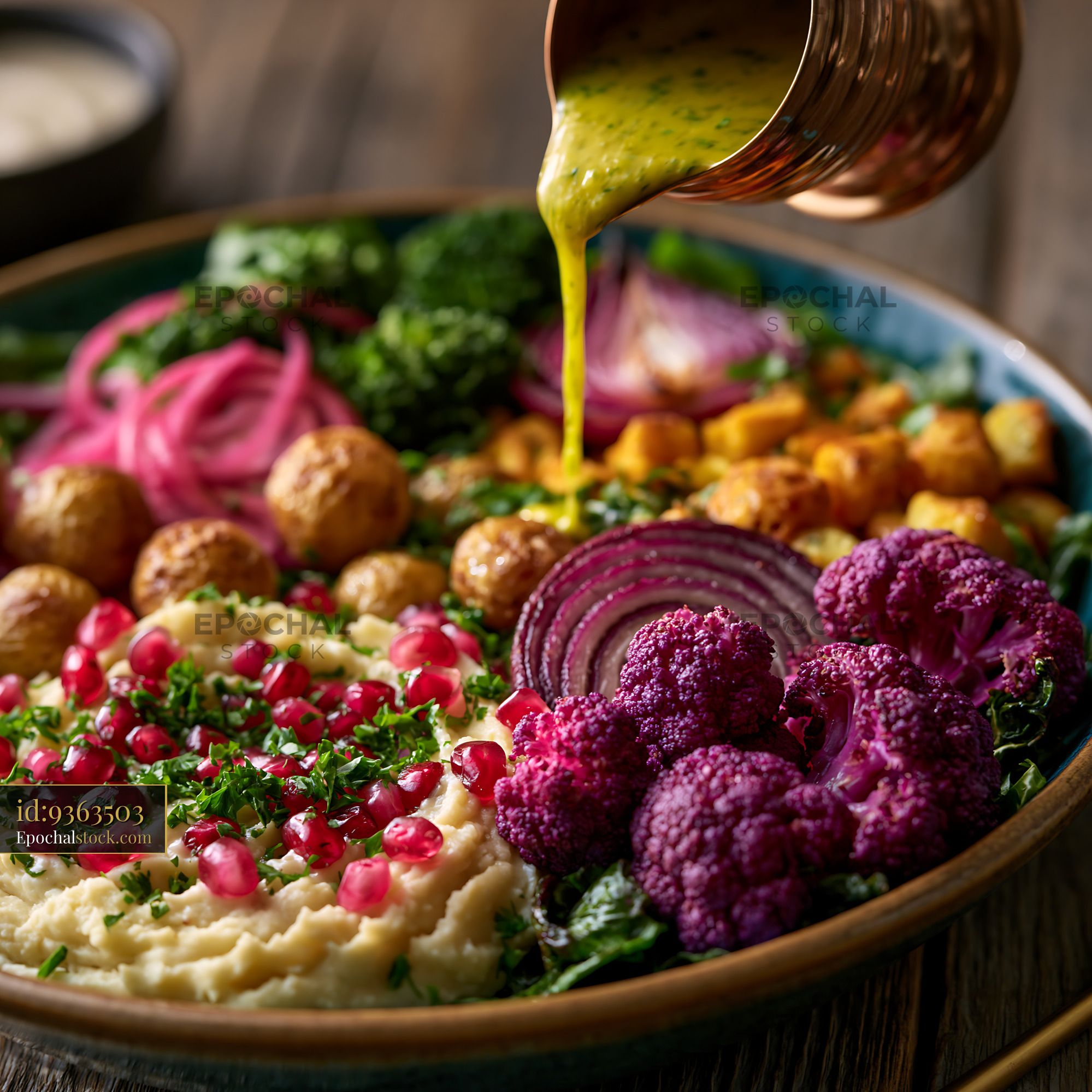 Watermarked full-resolution preview of Colorful bowl of healthy food with dressing poured on top