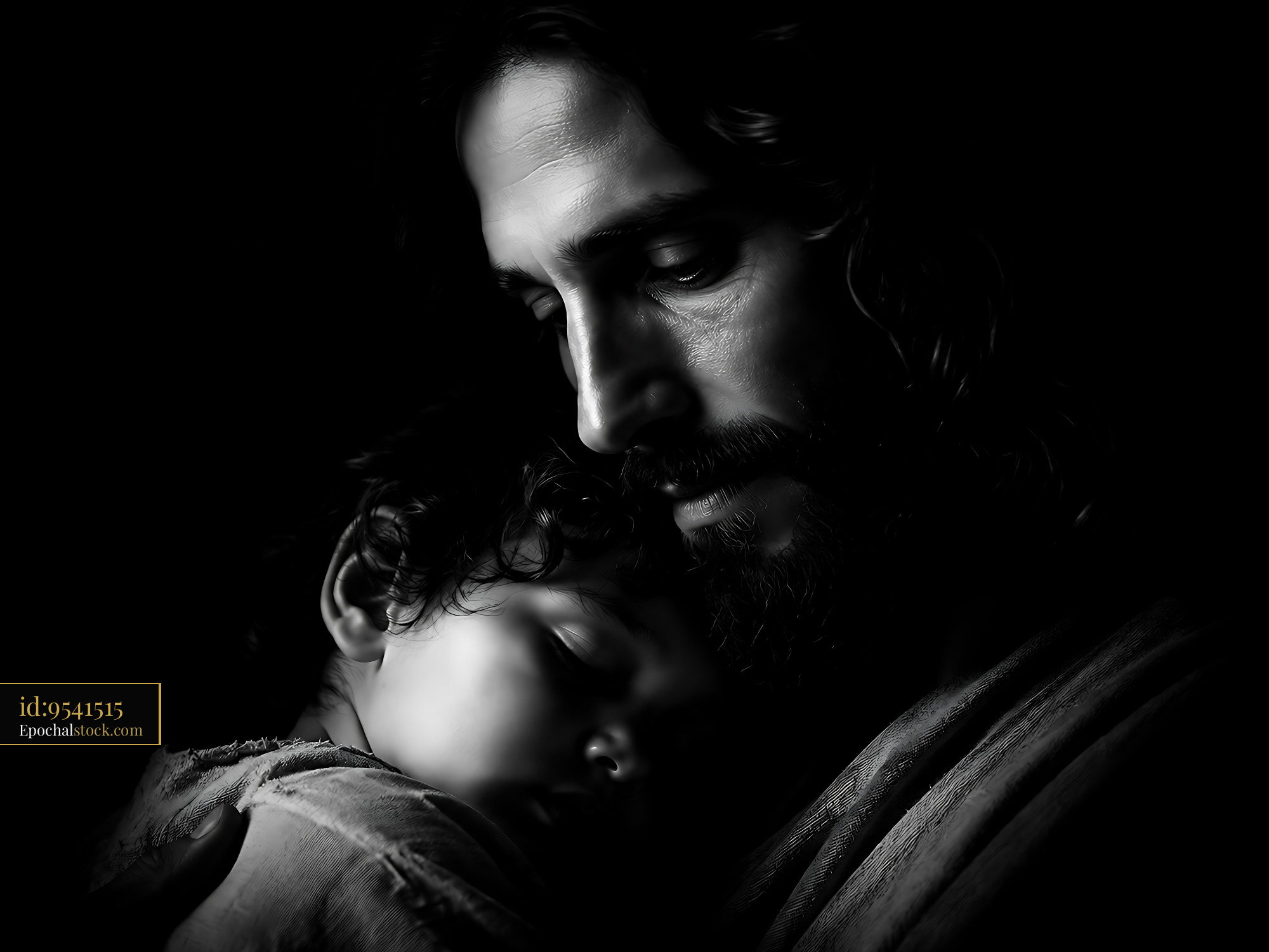 Man Holding Child in Dark Room With Warm Expression - stock photo
