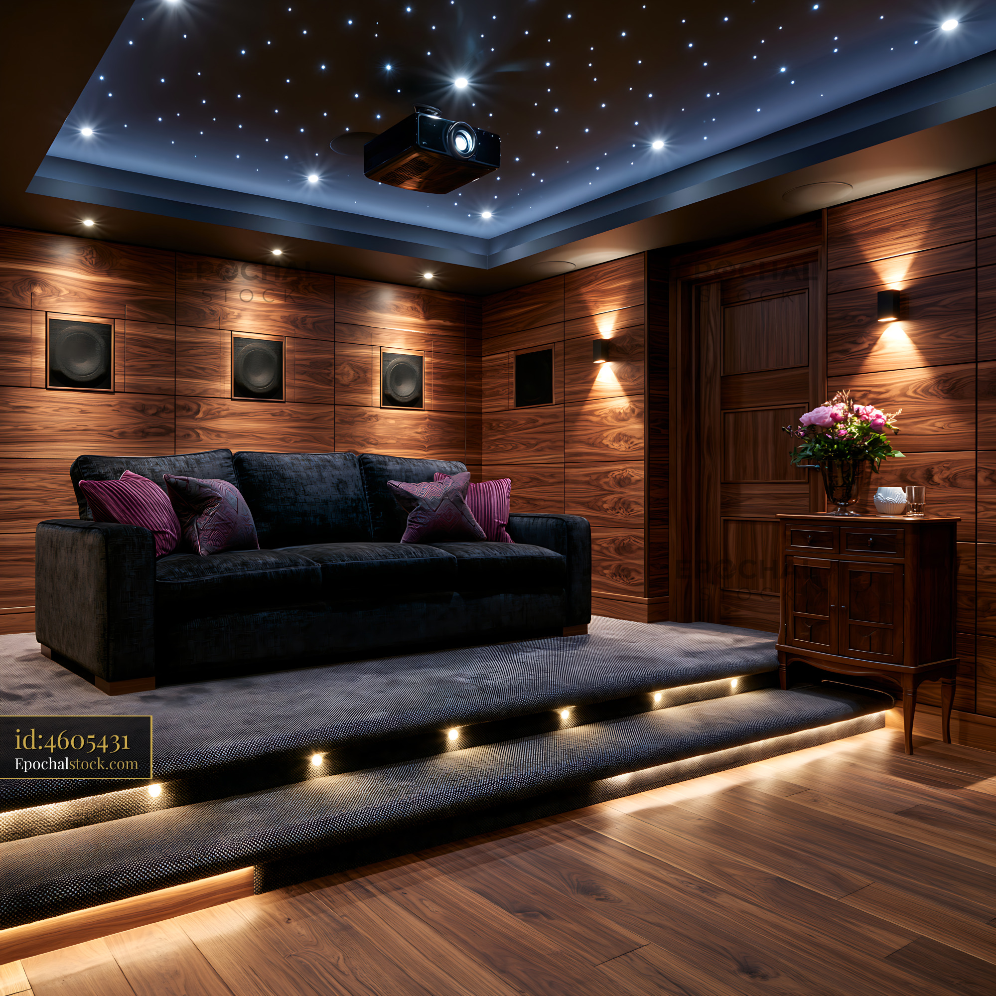 Watermarked full-resolution preview of Elegant home cinema with wood walls and tiered seating