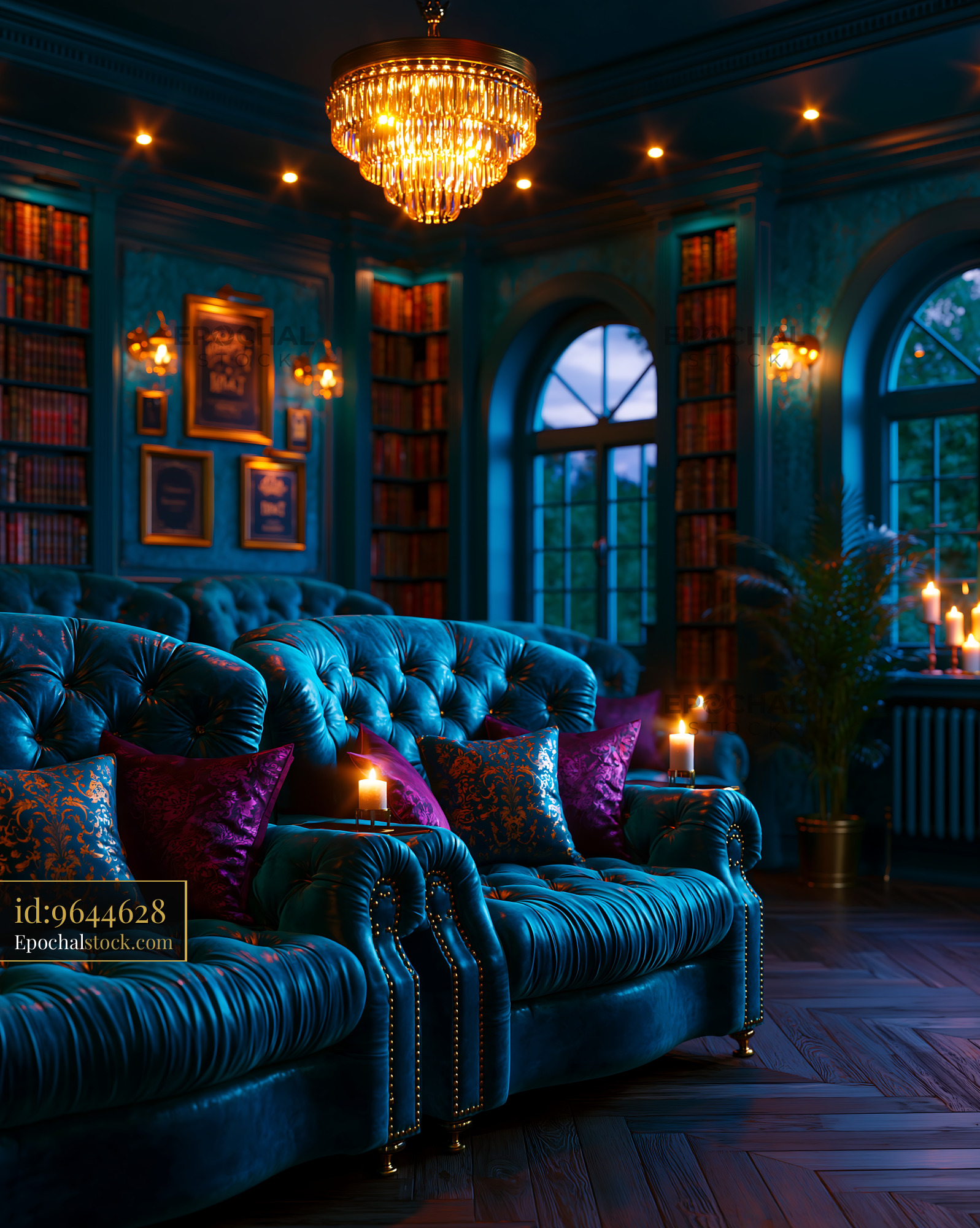 Watermarked full-resolution preview of Cozy seating area with blue upholstery and warm lighting in a library