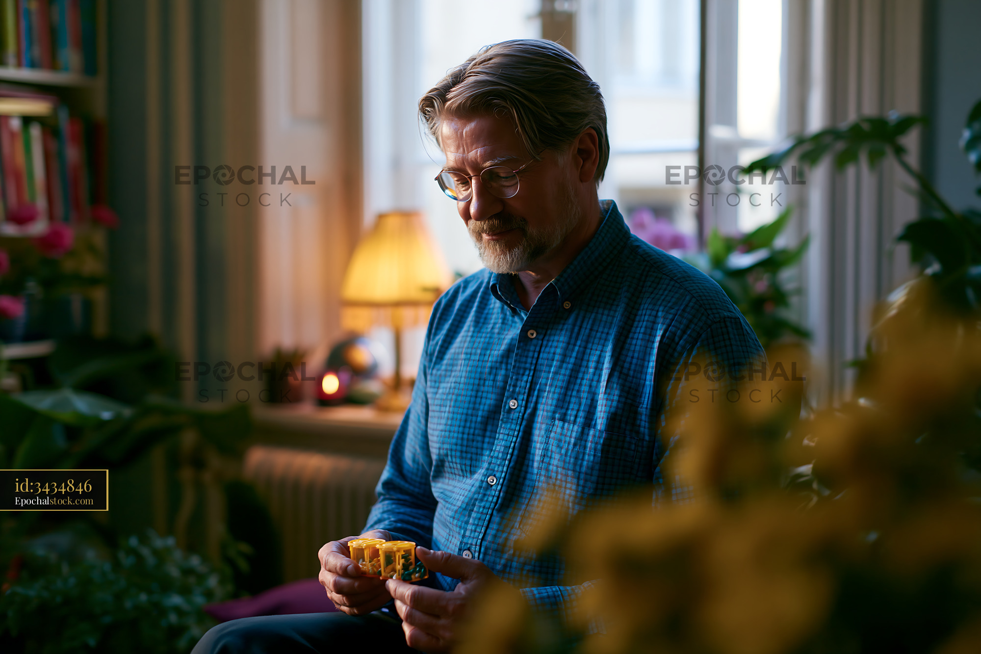 Watermarked full-resolution preview of Man sitting indoors holding a pastry in a cozy room