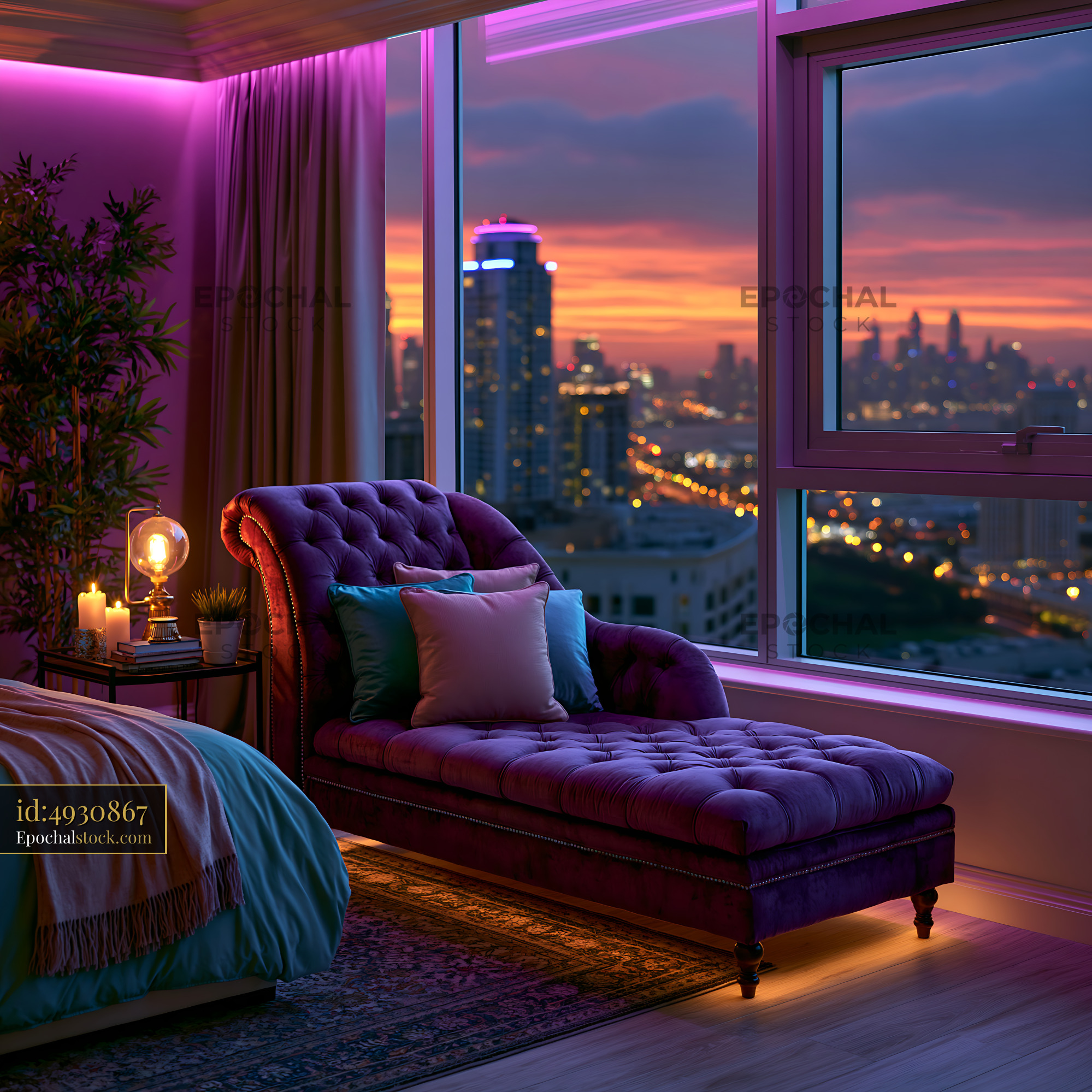 Watermarked full-resolution preview of Sunset view from a modern bedroom with purple decor and city skyline