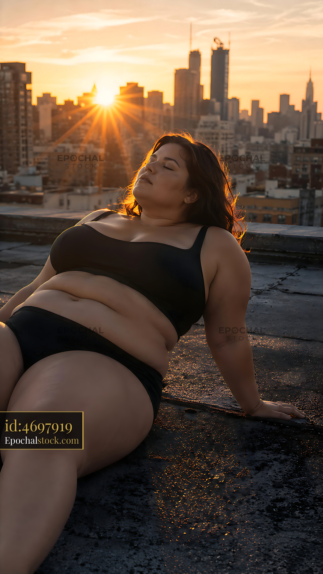 Watermarked full-resolution preview of Woman sitting on rooftop during sunset in city