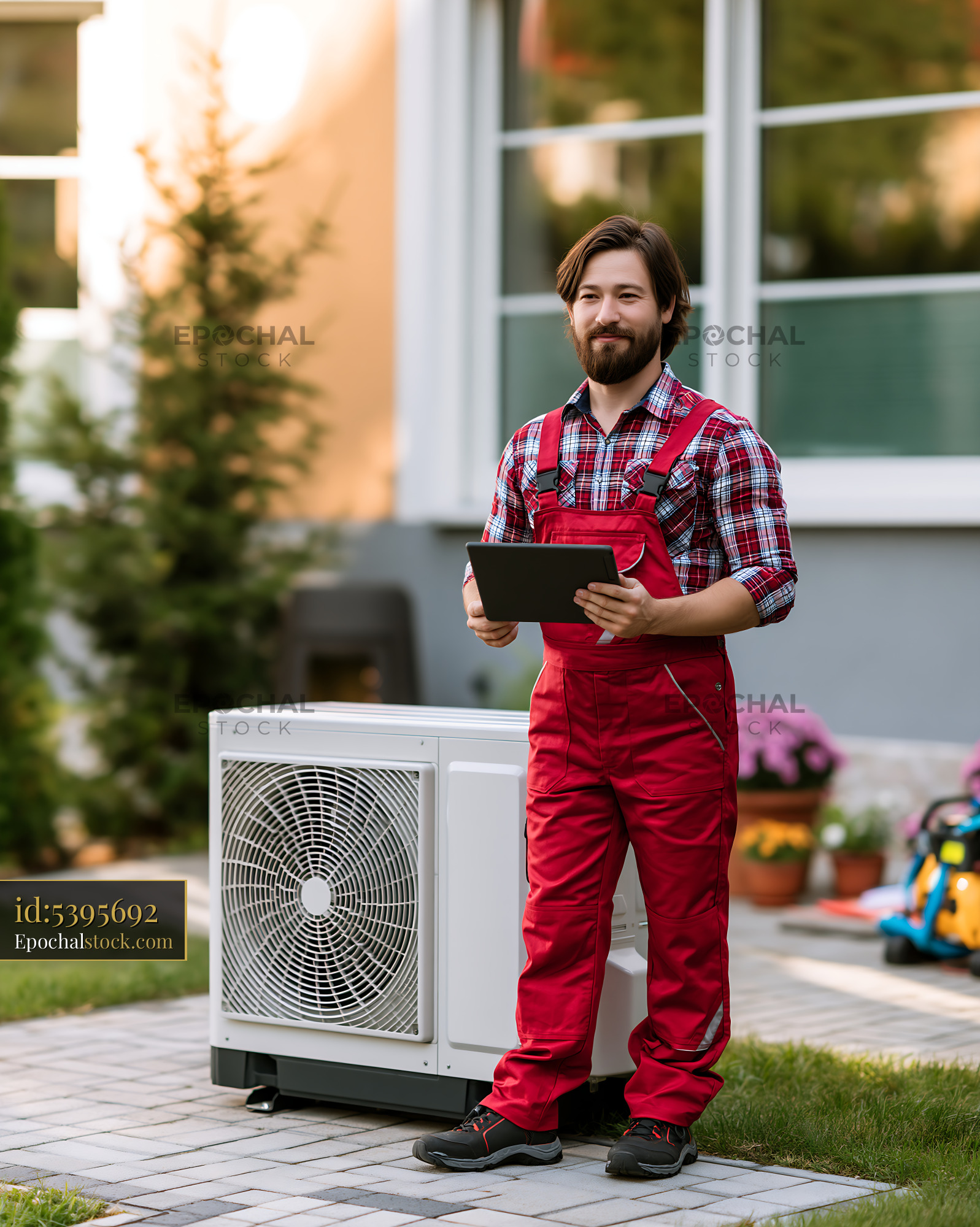 Watermarked full-resolution preview of Technician works on outdoor AC unit in residential yard