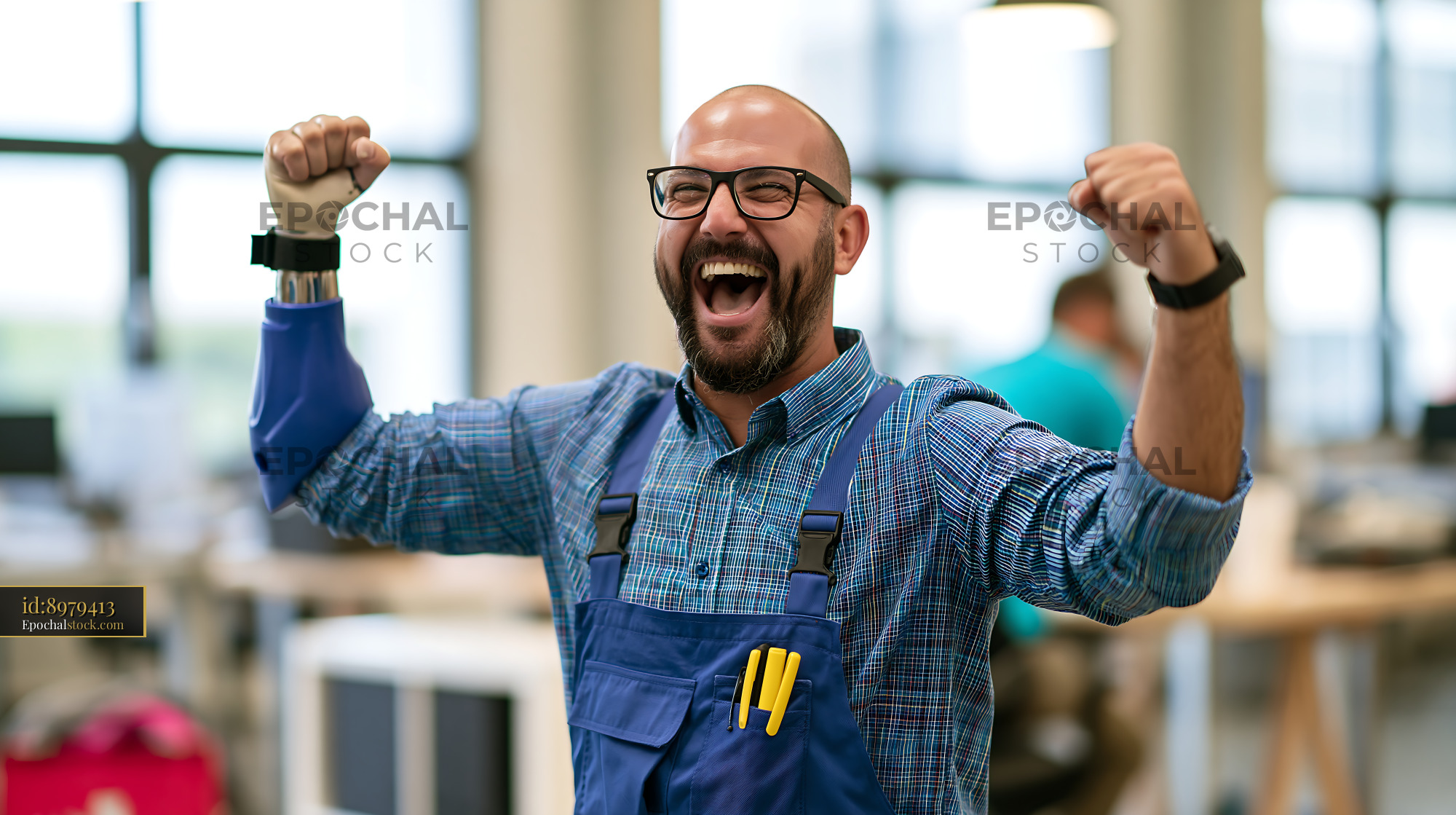 Watermarked full-resolution preview of Worker celebrating success in a modern office setting