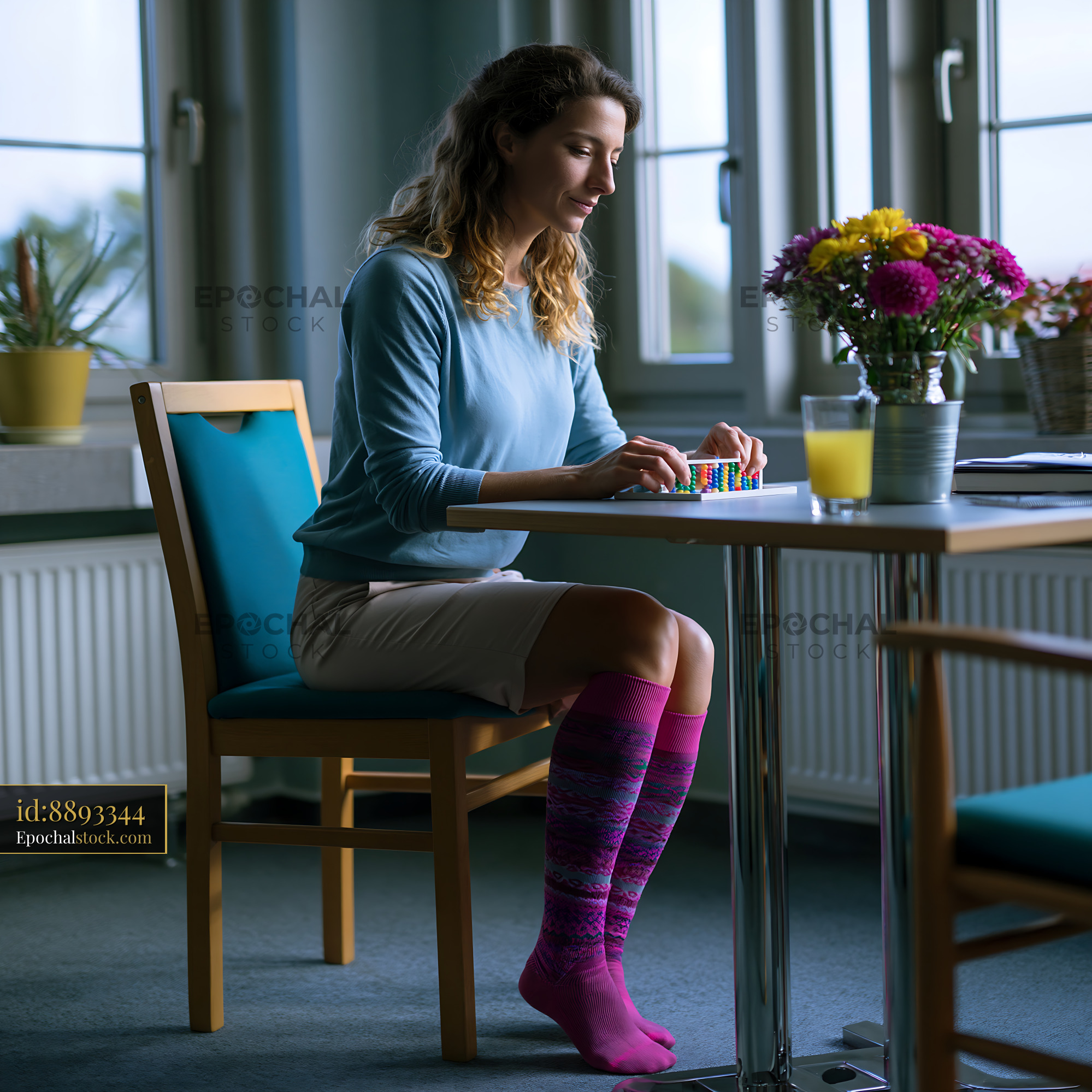 Watermarked full-resolution preview of Woman engaged in creative activity at a table in a well-lit room
