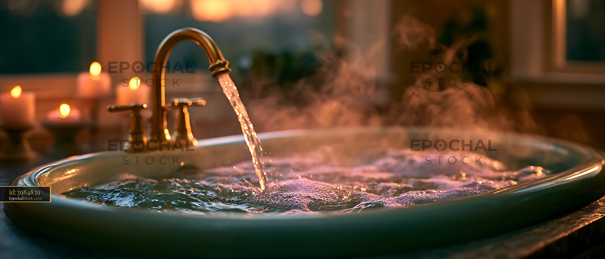 Watermarked full-resolution preview of Warm candlelit bathtub with running water and rising steam