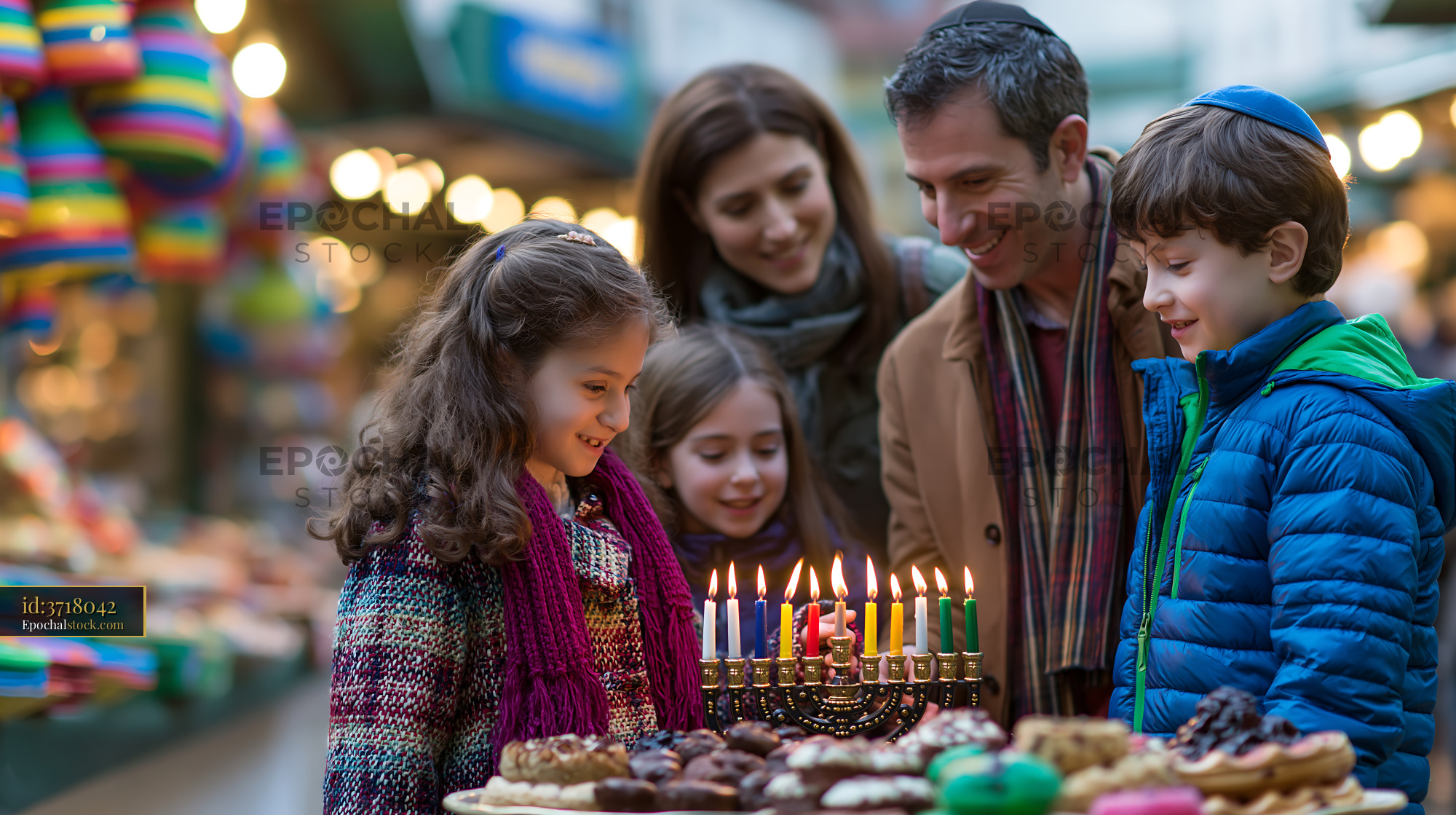 Watermarked full-resolution preview of Family celebrating Hanukkah at a market with a menorah