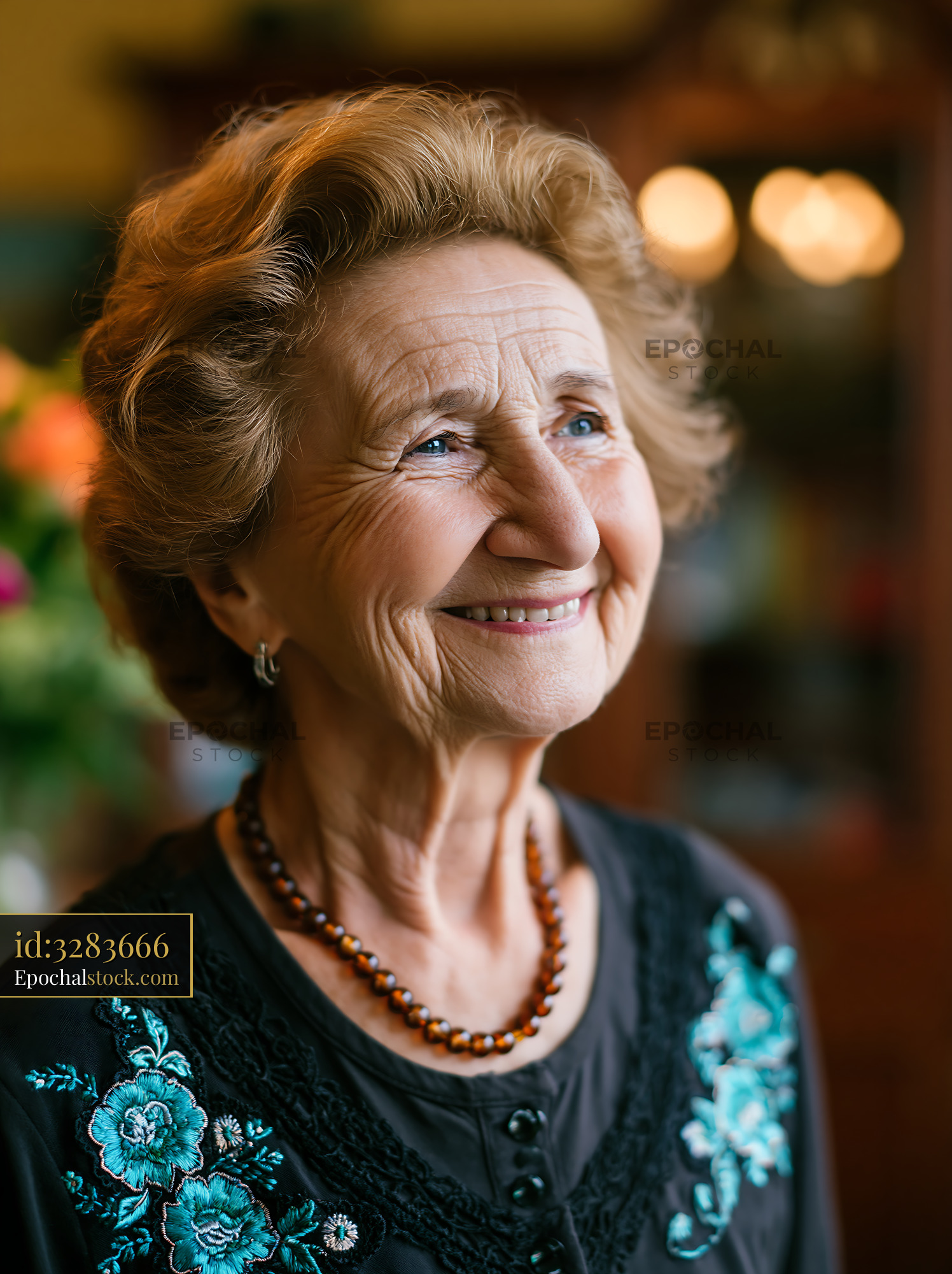 Elderly Woman Smiling During the Day With Colorful Decor Behind - stock photo