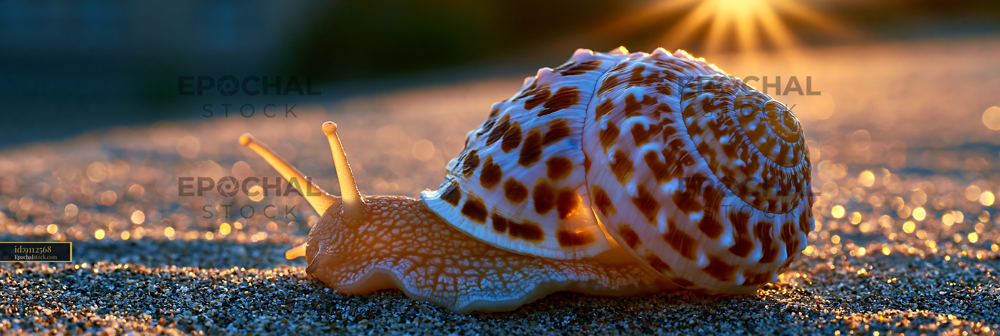 Watermarked full-resolution preview of Snail crawling on sandy ground during sunset