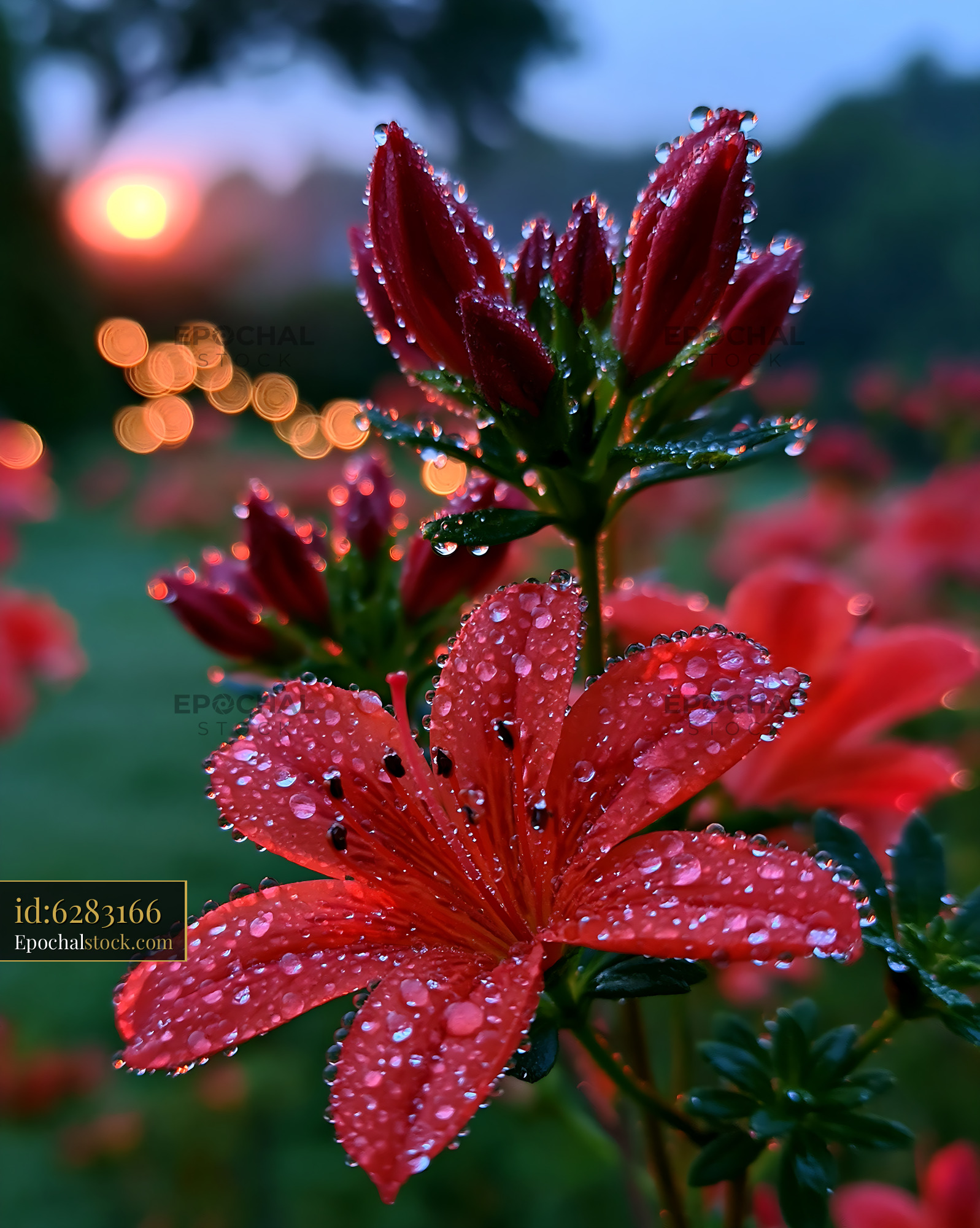 Watermarked full-resolution preview of Red flowers with water droplets at sunset in a garden