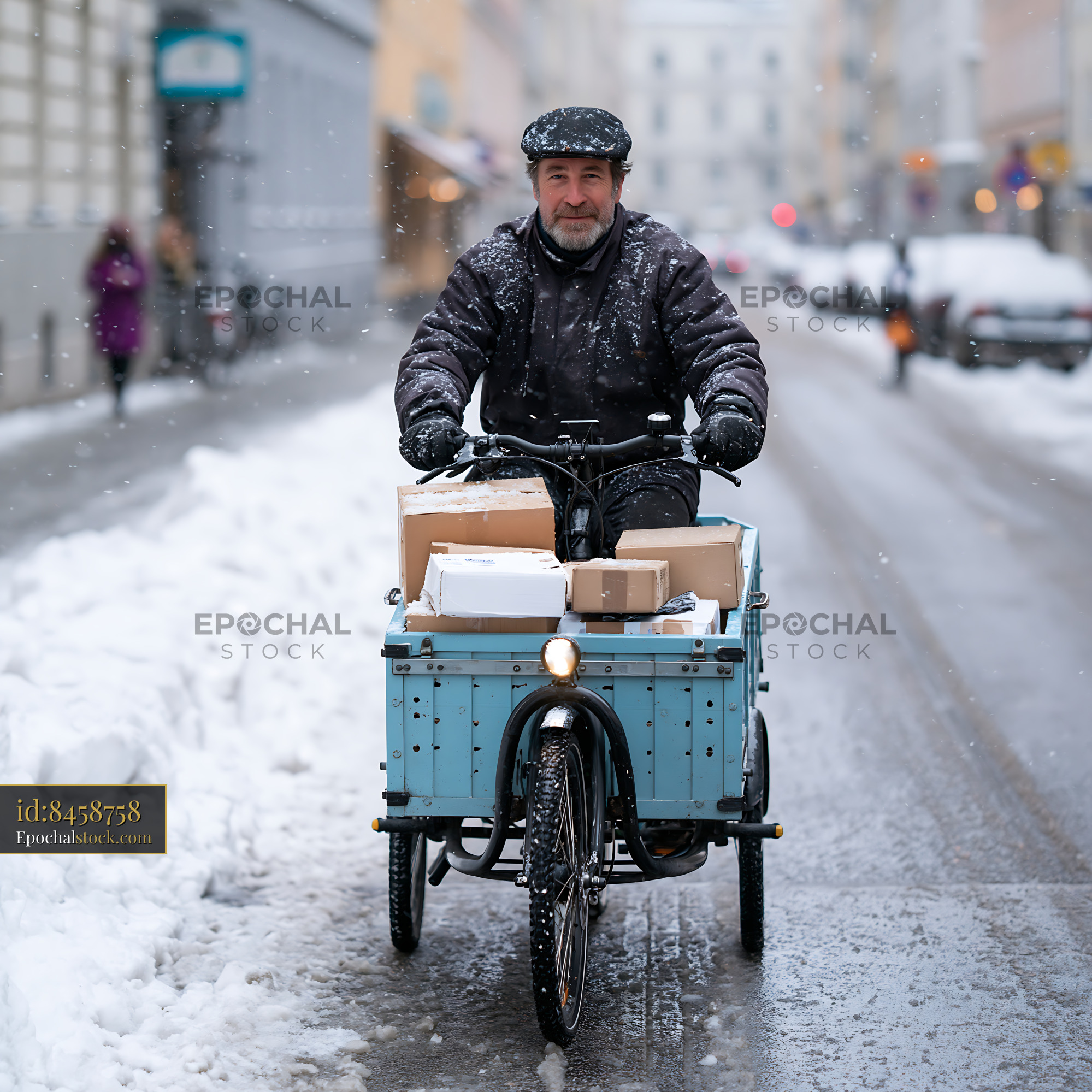 Watermarked full-resolution preview of Delivery man rides cargo bicycle through snow-covered city street