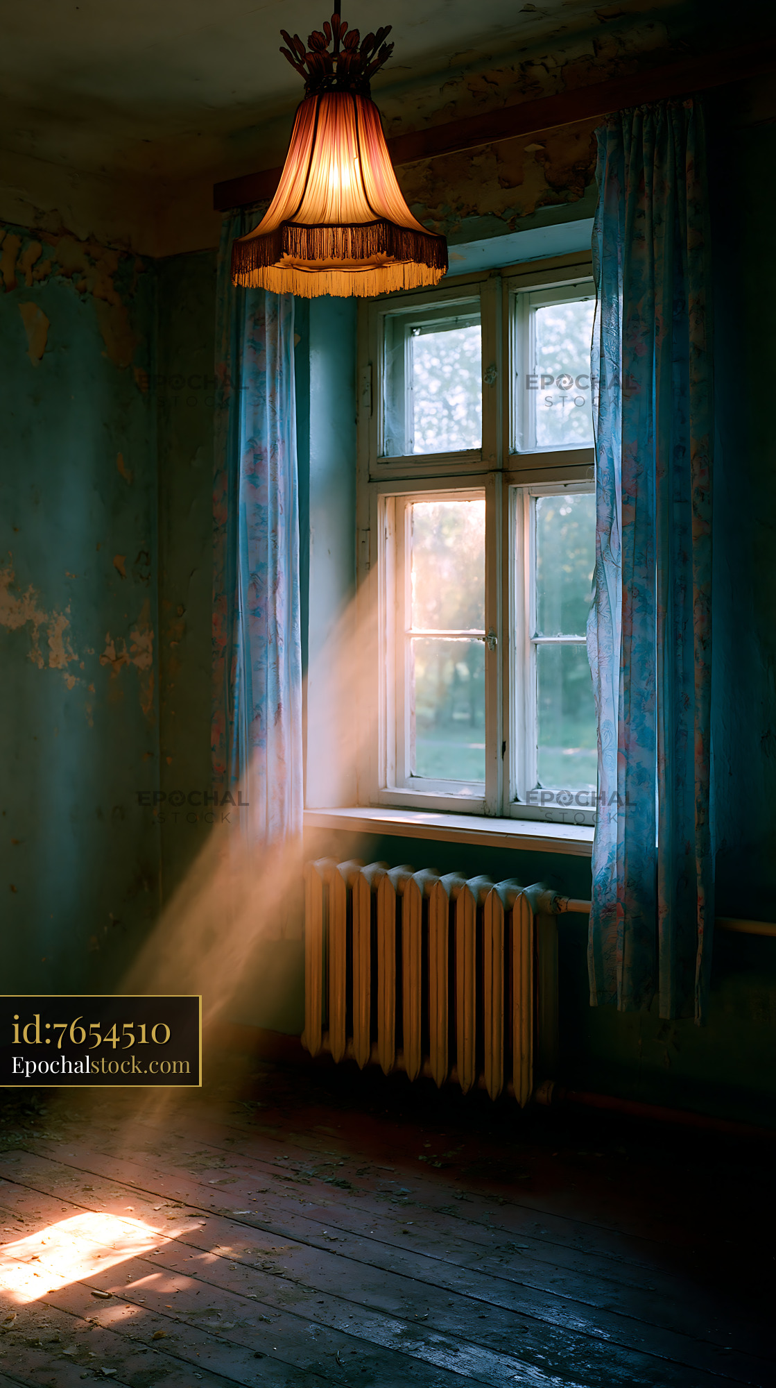 Watermarked full-resolution preview of Light shining through a window in an old room with peeling walls
