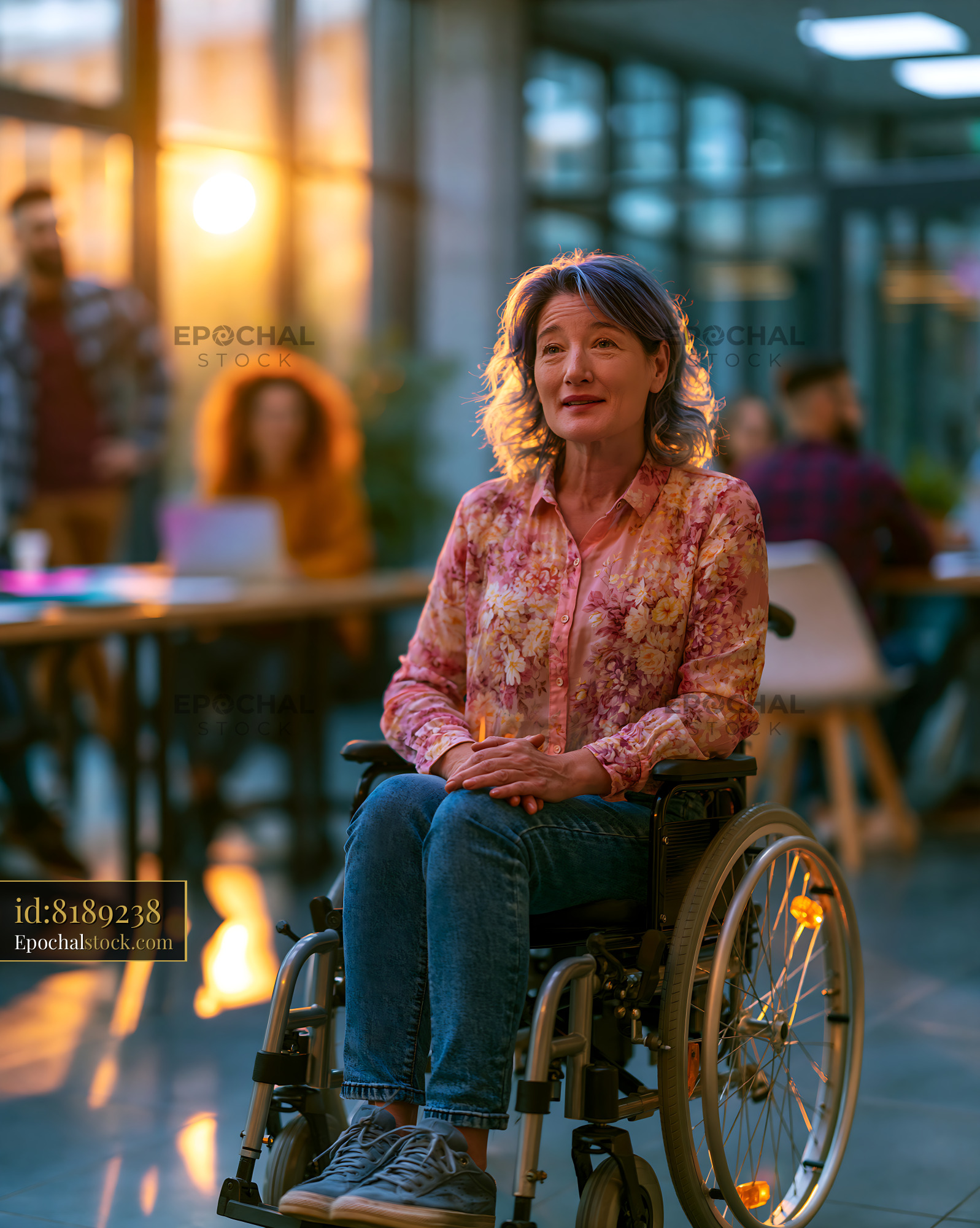 Watermarked full-resolution preview of Woman in wheelchair smiles in a bright modern office setting