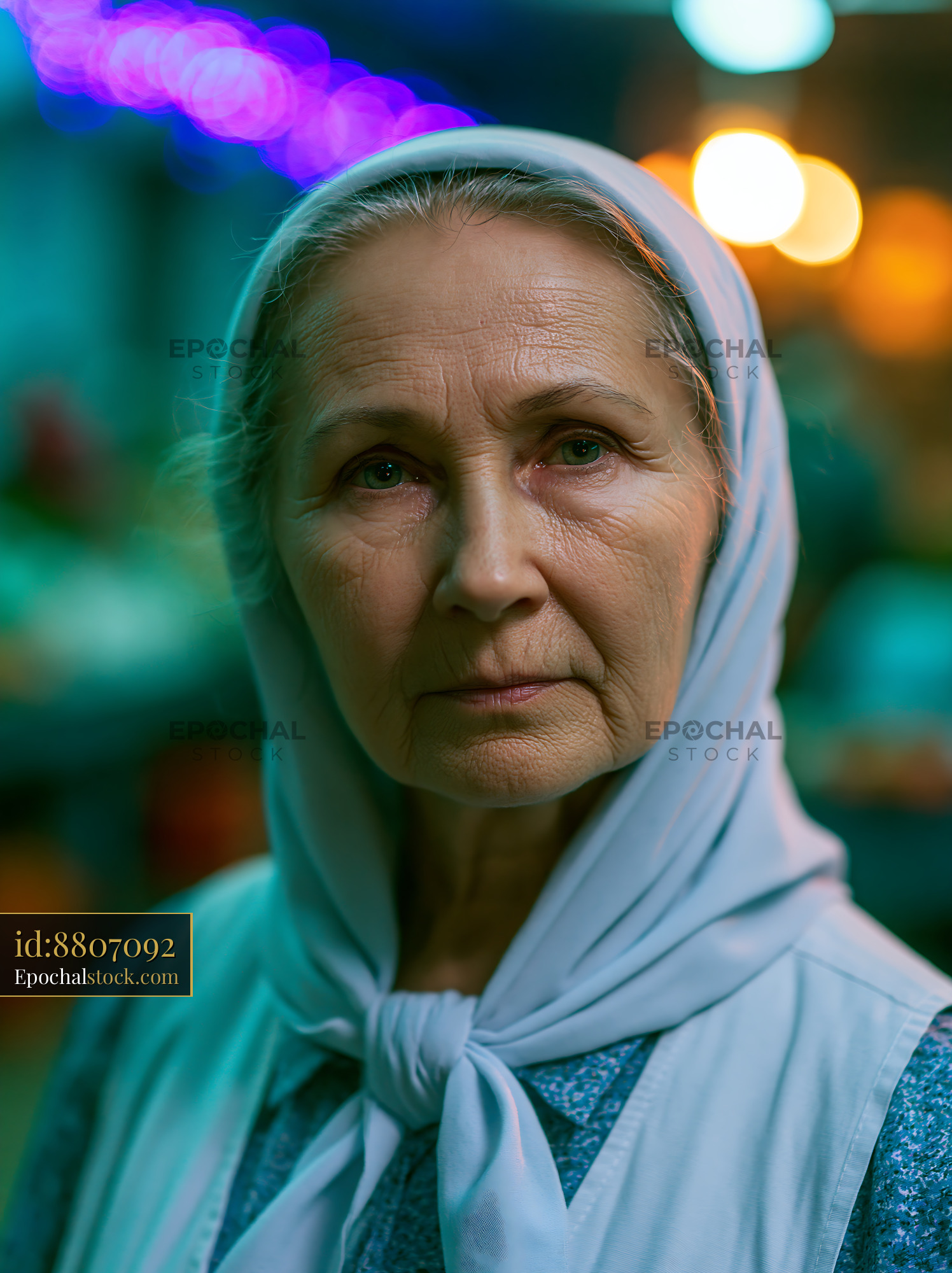 Watermarked full-resolution preview of Elderly woman in headscarf with soft lighting in urban setting
