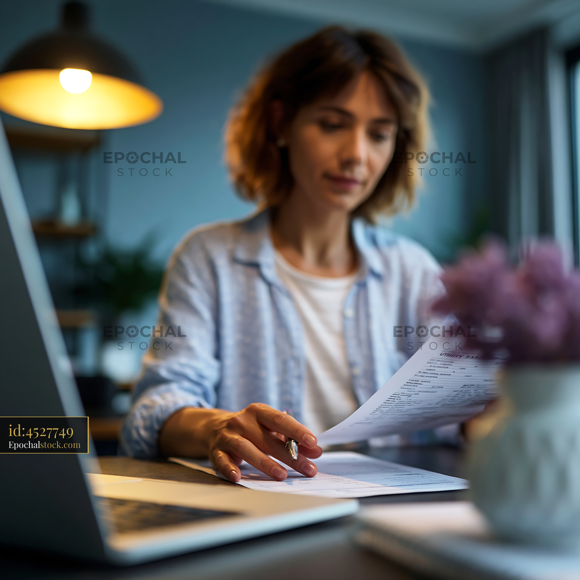 Watermarked full-resolution preview of Woman reviewing documents at a desk in a modern workspace