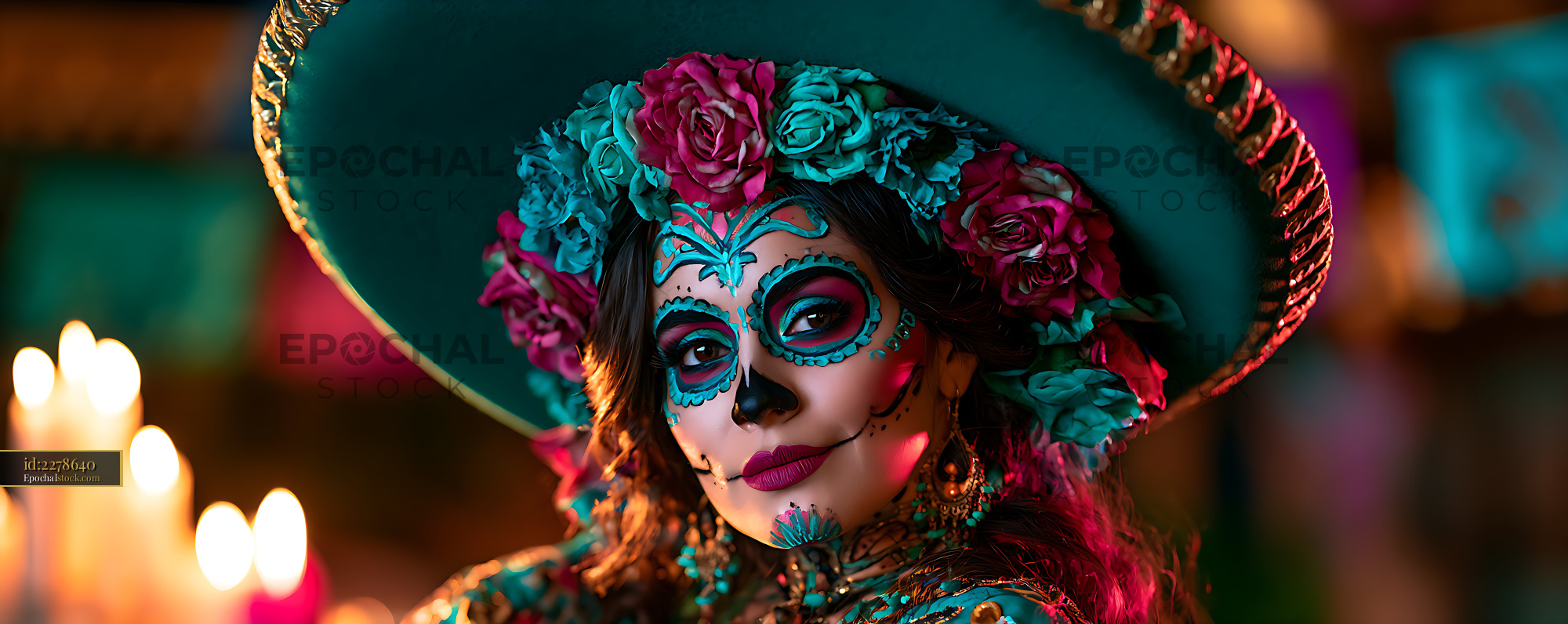 Watermarked full-resolution preview of Colorful painted portrait with floral hat and candlelight