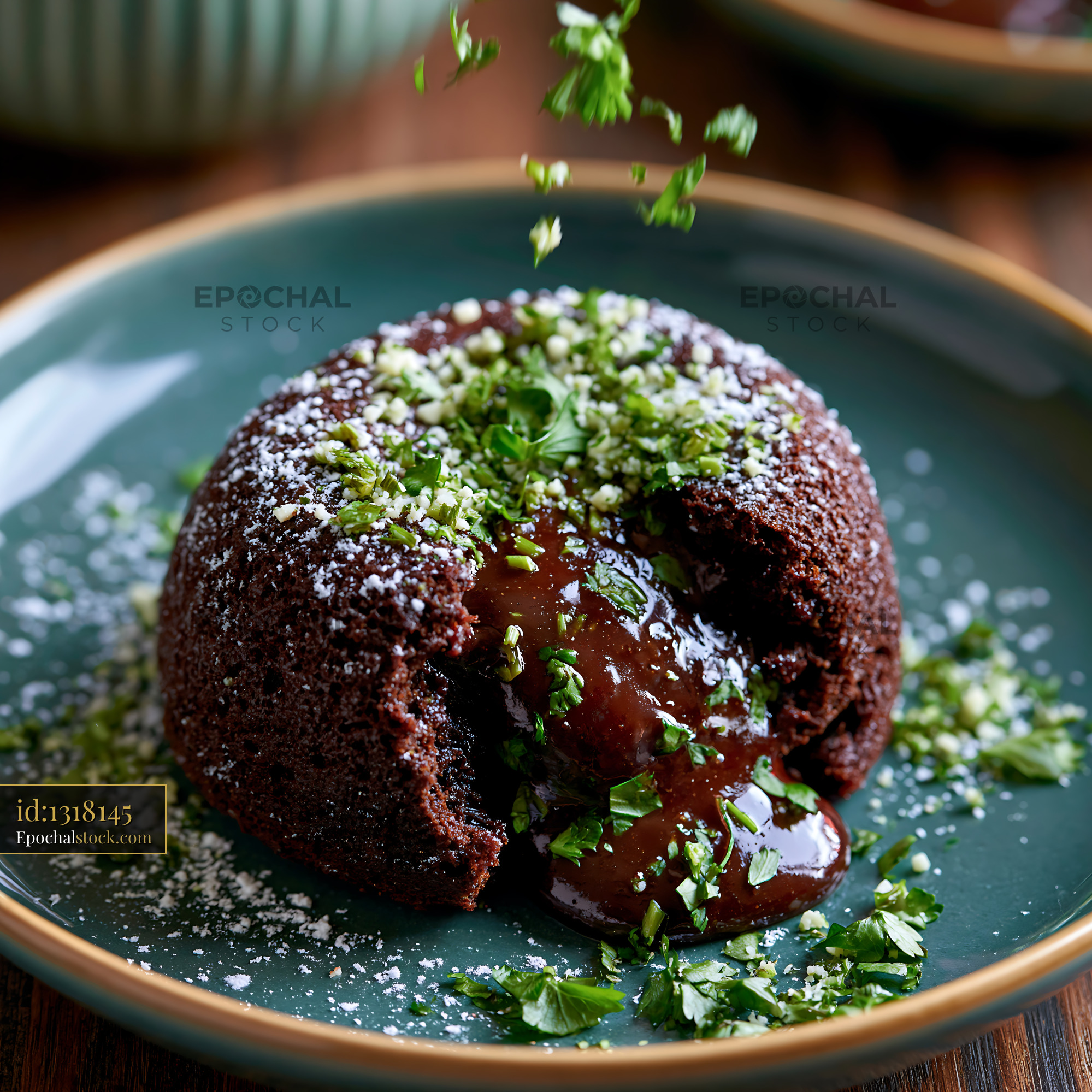 Watermarked full-resolution preview of Chocolate dessert served with herbs on a green plate