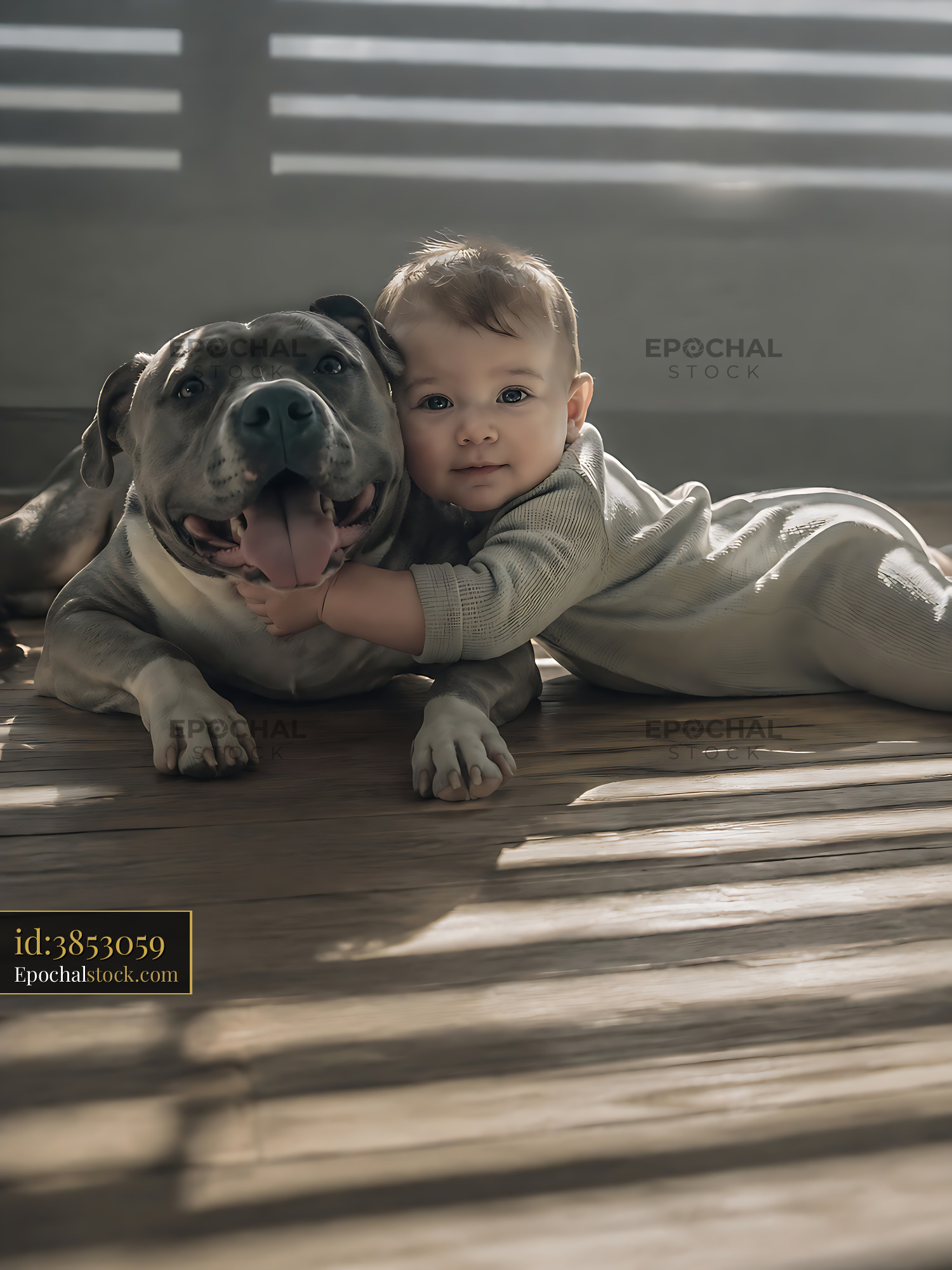 Watermarked full-resolution preview of Baby hugs dog on wooden floor in sunlit room