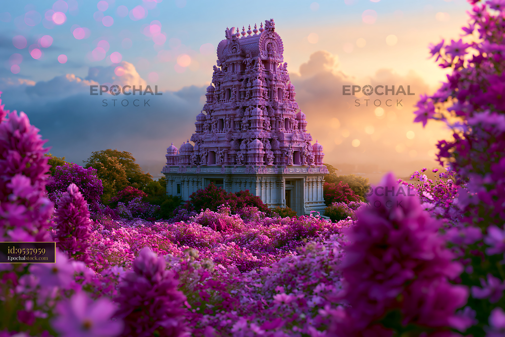 Watermarked full-resolution preview of Temple surrounded by purple flowers at sunset