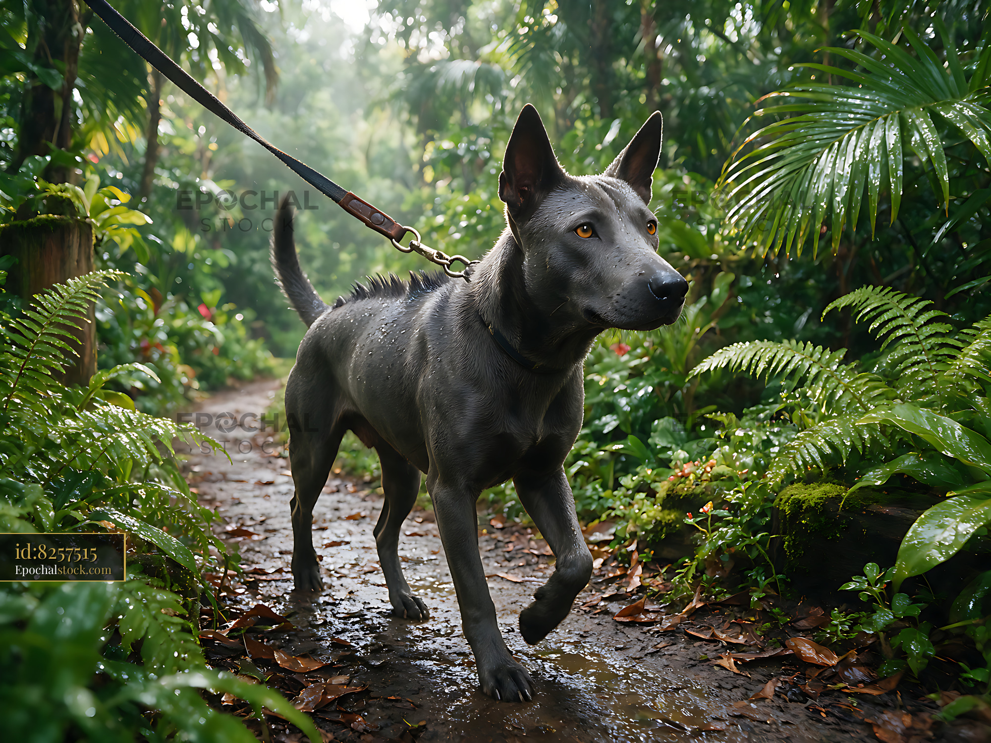 Watermarked full-resolution preview of Distinctive leashed dog on a wet jungle trail