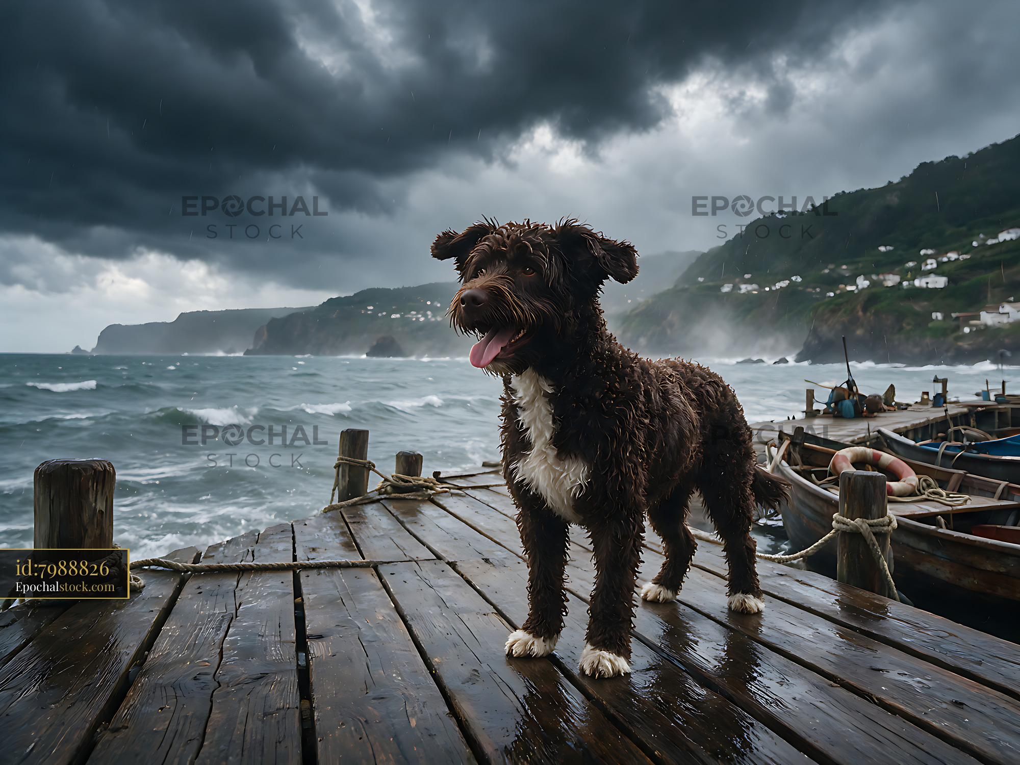 Watermarked full-resolution preview of Curly-coated dog standing on a rainy coastal pier