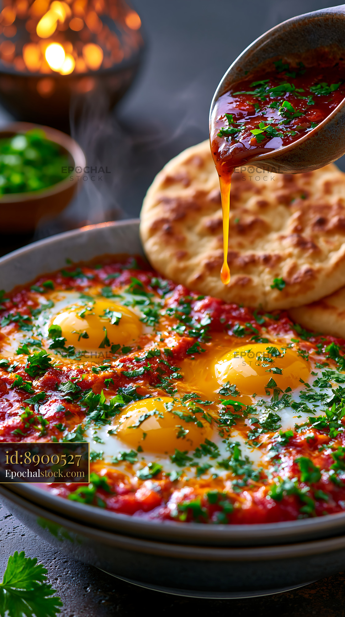 Watermarked full-resolution preview of Delicious eggs cooked in spicy sauce with bread and herbs