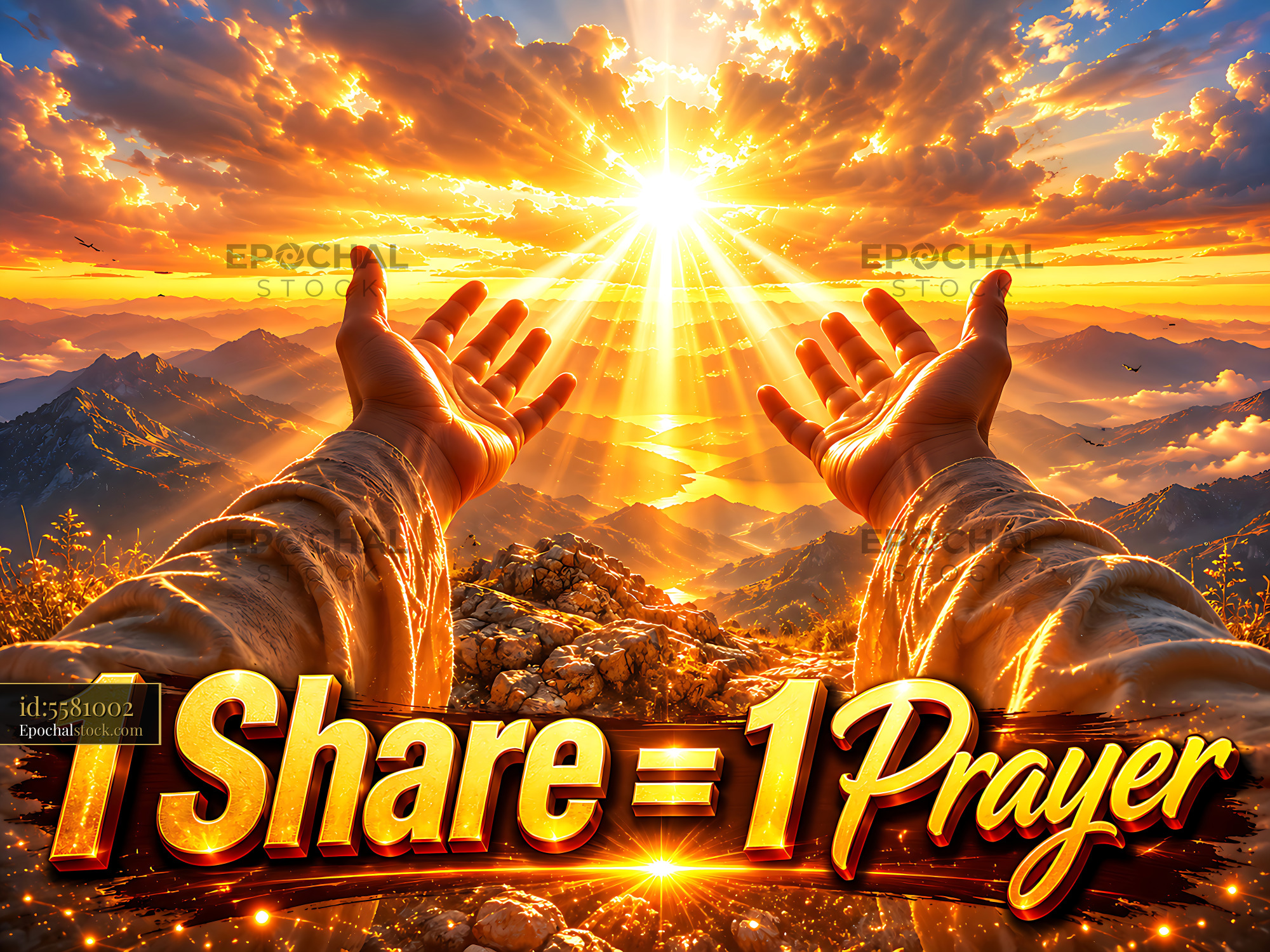 Watermarked full-resolution preview of Hands reaching out to a sunset with prayer message