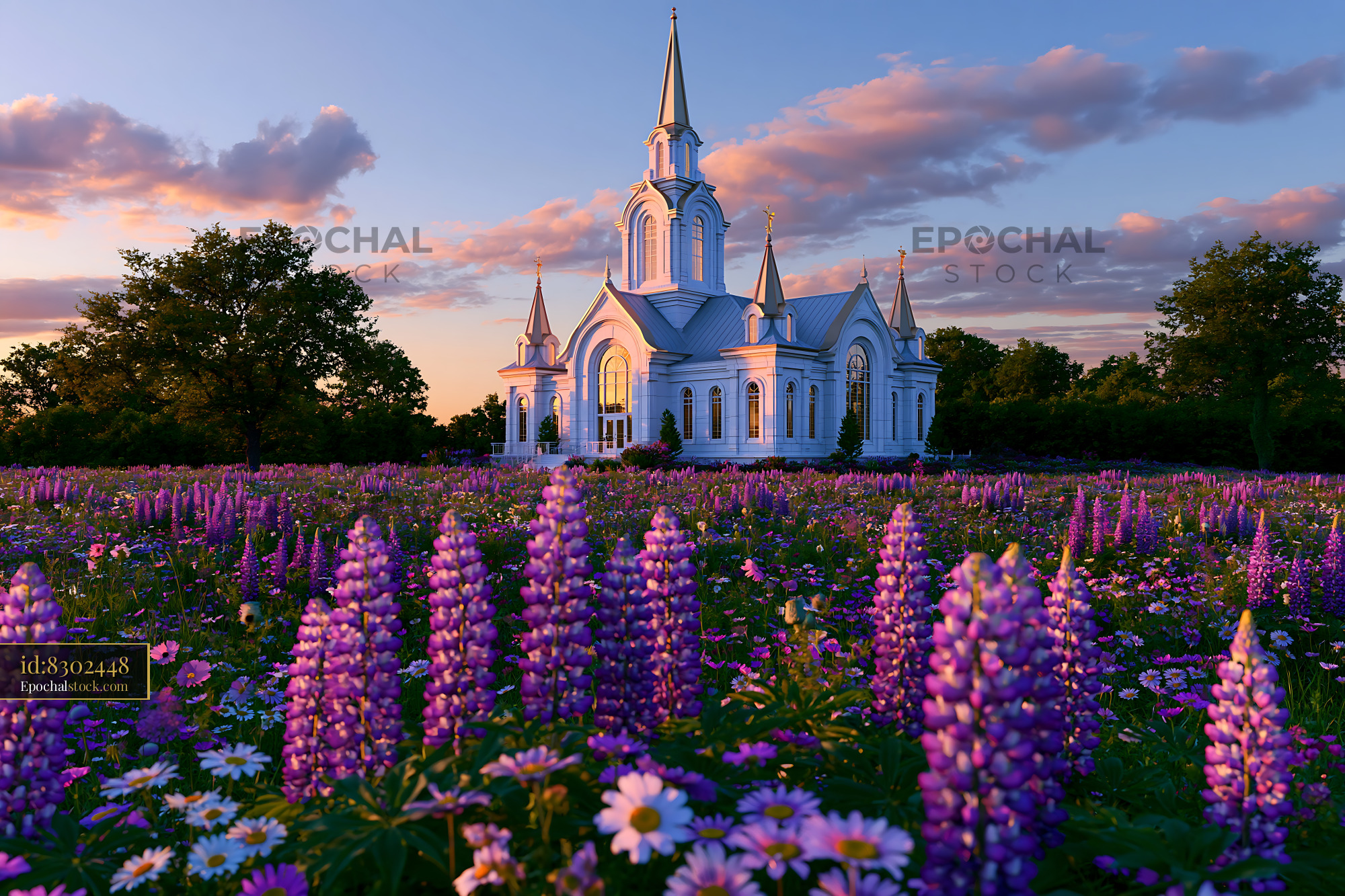 Watermarked full-resolution preview of Church surrounded by flowers under a colorful sky during sunset