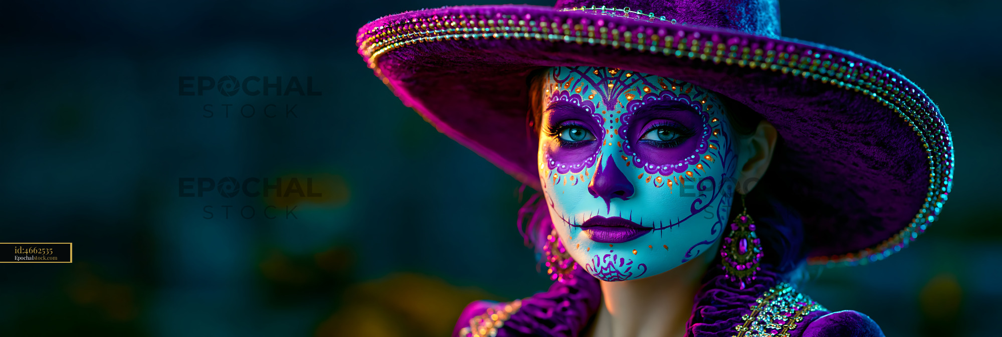 Watermarked full-resolution preview of Colorful Day of the Dead celebration with woman in traditional dress